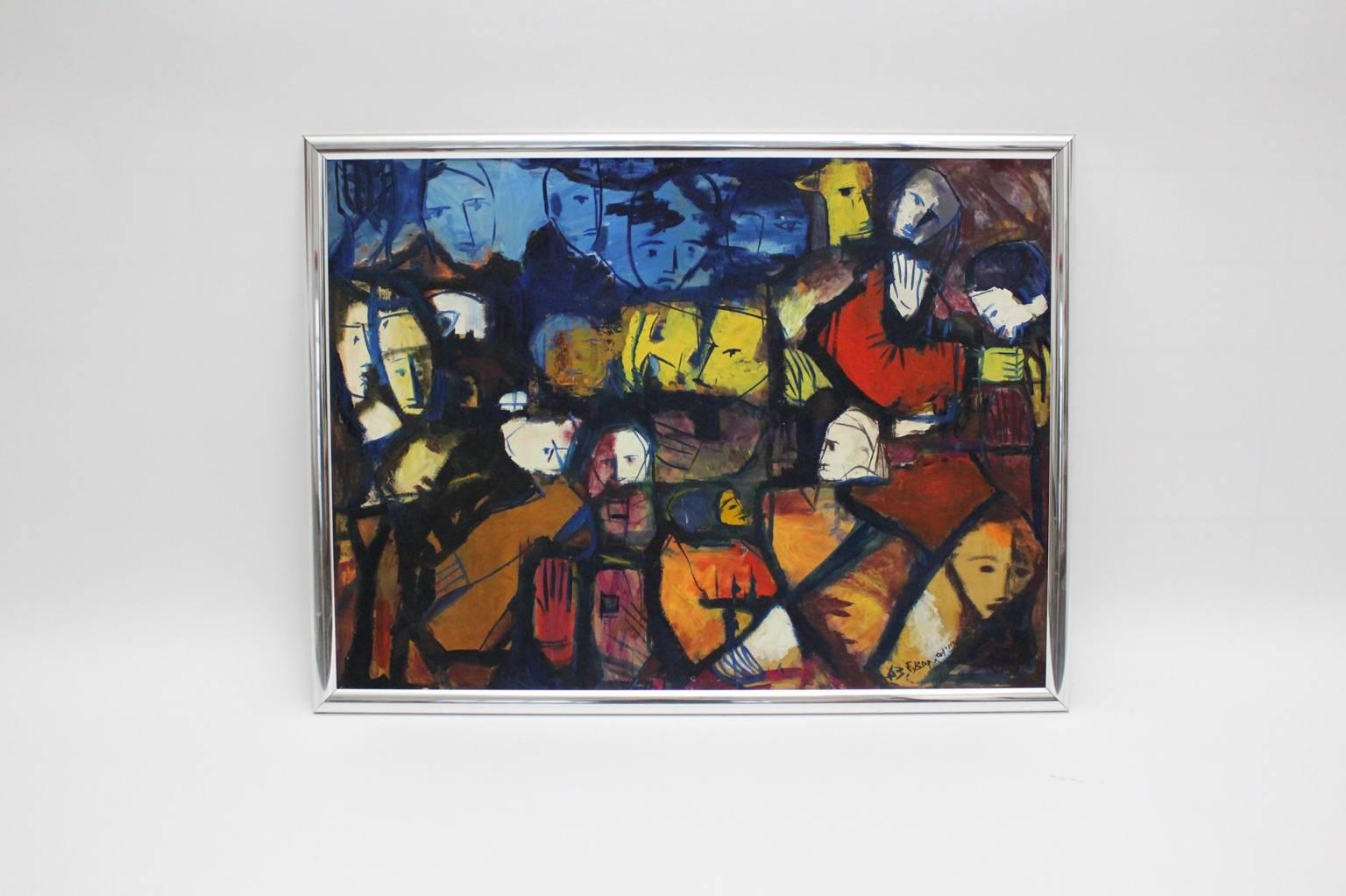 Pintura moderna de mediados de siglo al óleo sobre cartón con motivos multicolores
