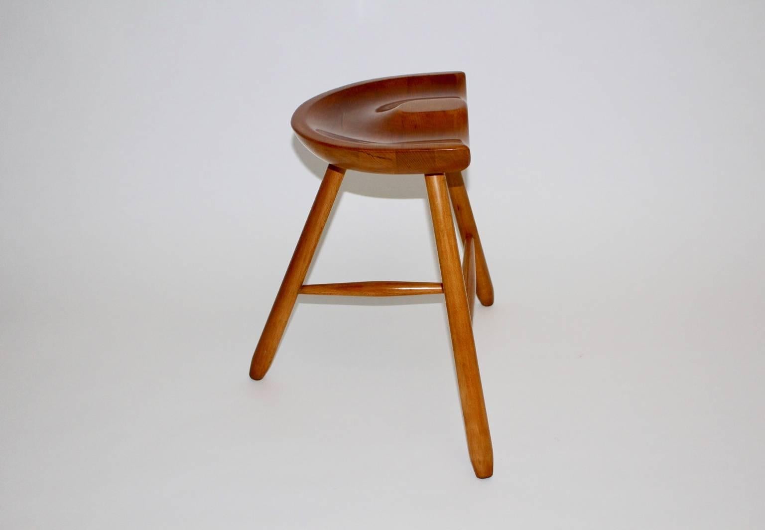 Mid-20th Century Art Deco Vintage Brown Maple Stool with Three Legs circa 1933 Vienna For Sale