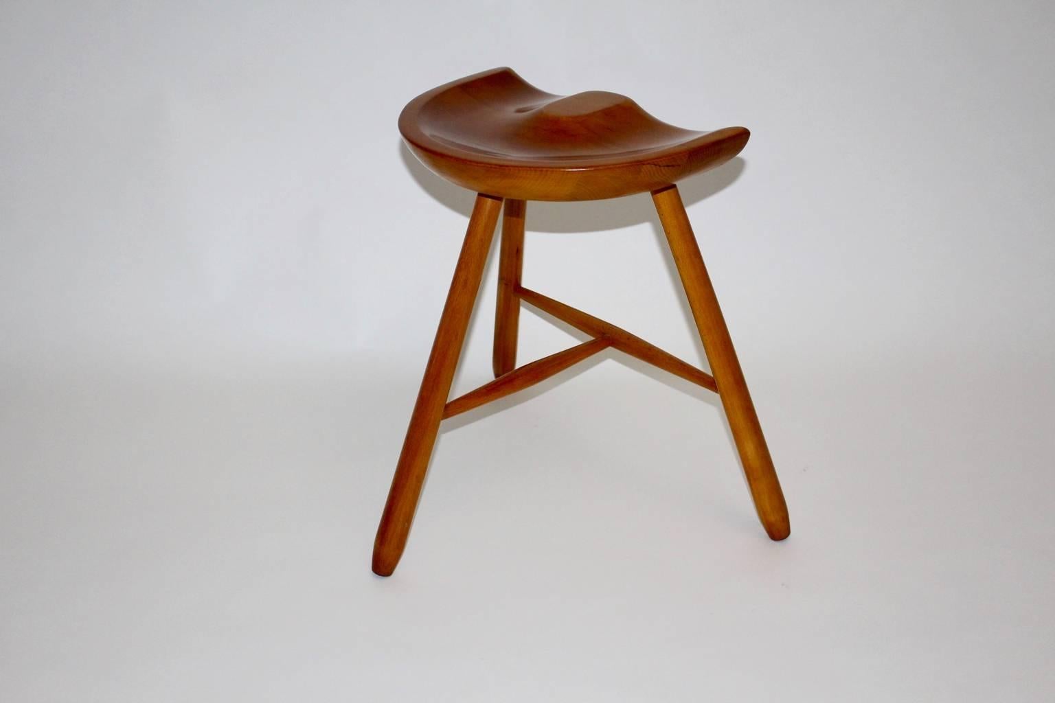 Art Deco Vintage Brown Maple Stool with Three Legs circa 1933 Vienna For Sale 1