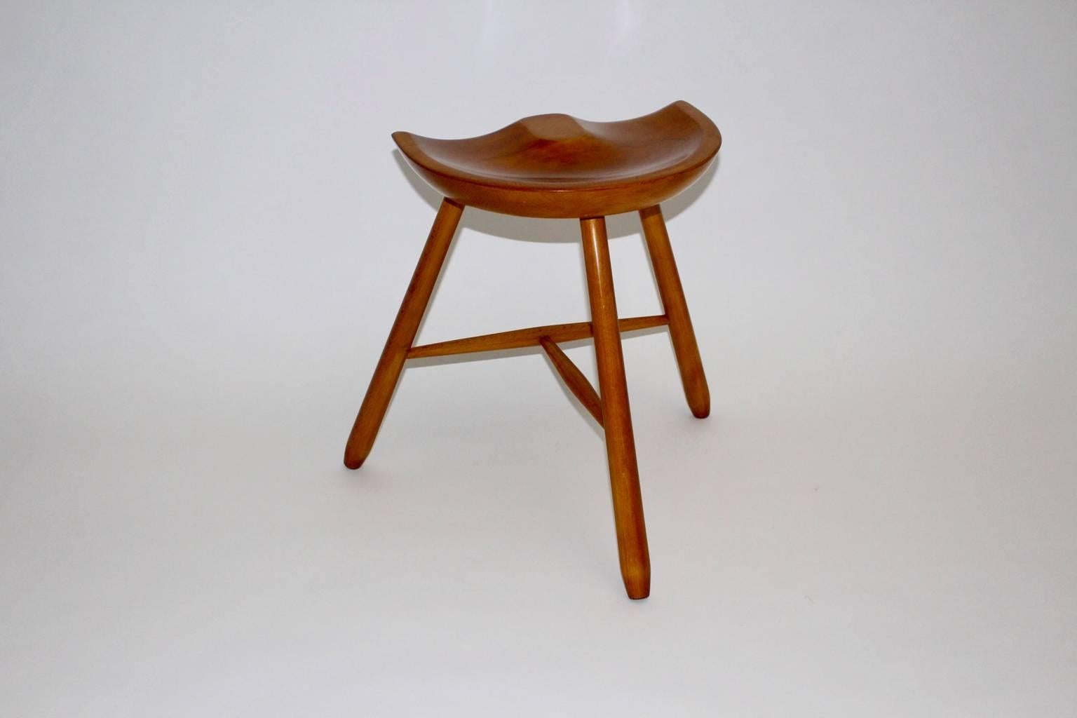 Art Deco Vintage Brown Maple Stool with Three Legs circa 1933 Vienna For Sale 2