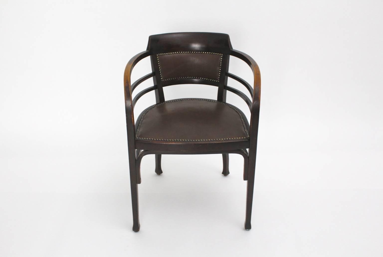 Jugendstil vintage armchair or desk chair or office chair from stained beech, which was designed by the Viennese Secessionist Josef Maria Olbrich and
executed by Gebr. Thonet.
Josef Maria Olbrich studied under Otto Wagner, who was the Co founder and