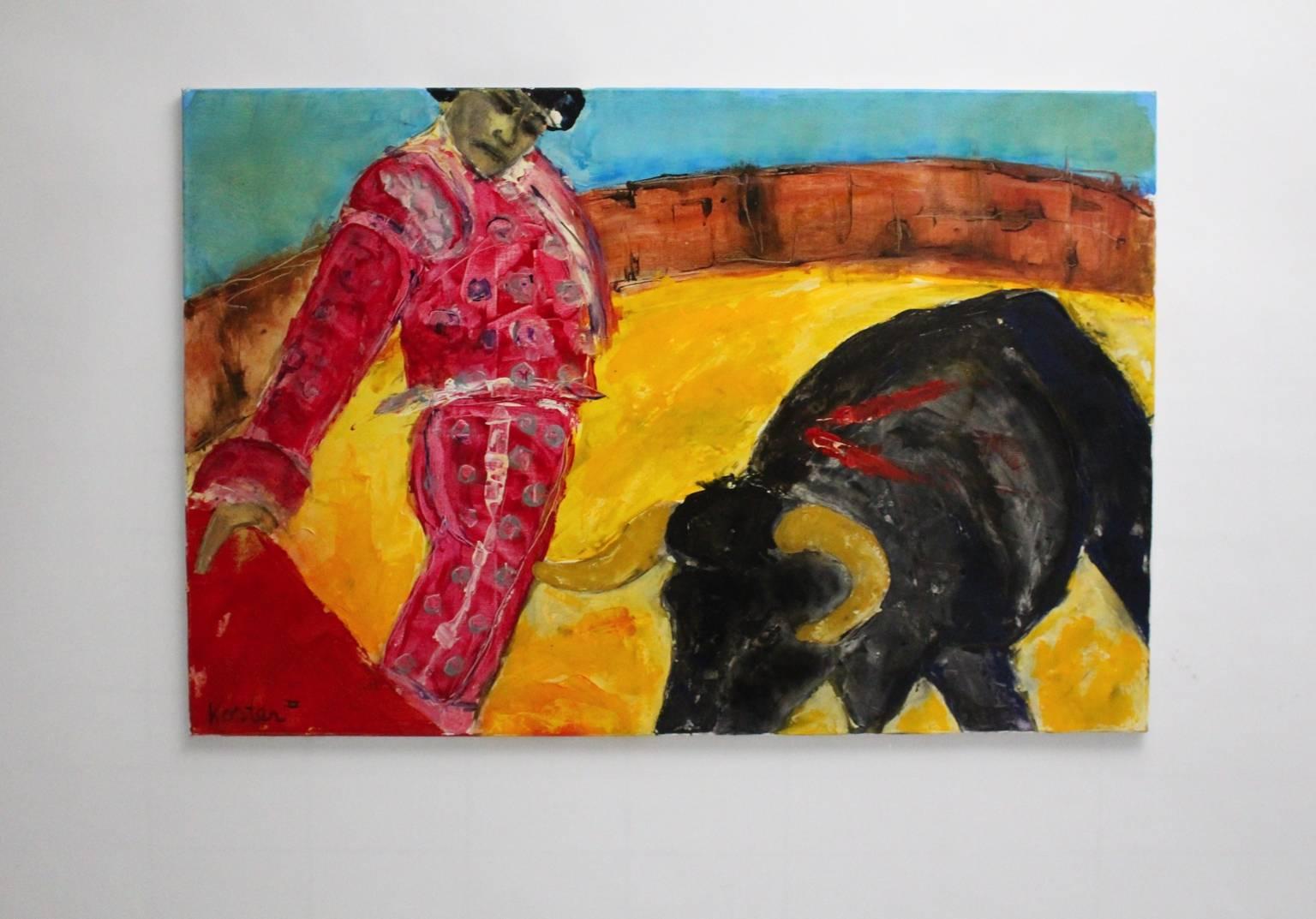Modern multicolored oil painting from the 1980s by Koster.
The motif shows a Spain torero and a bull in the arena.
very good condition
approx. measures:
Width 150 cm
Height 100 cm
Depth 2.5 cm