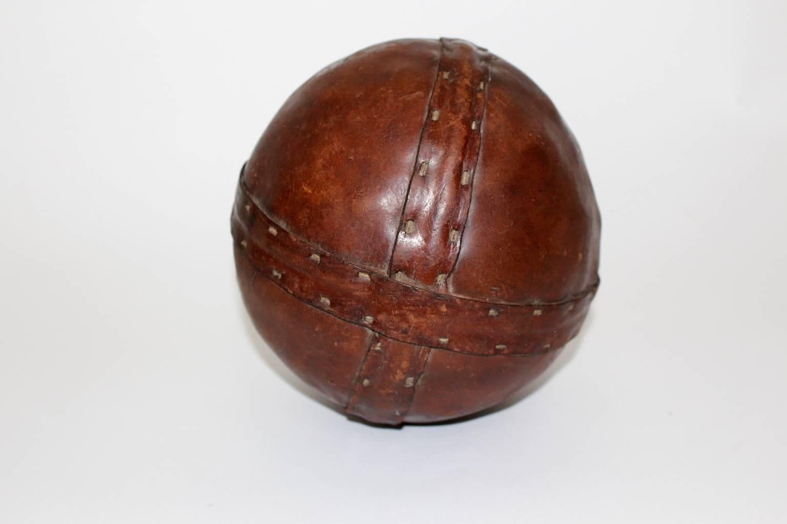 Art Deco Era Vintage Brown Stitched Leather Ball, 1920s In Good Condition For Sale In Vienna, AT