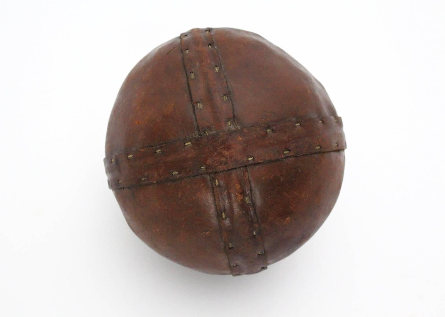 Early 20th Century Art Deco Era Vintage Brown Stitched Leather Ball, 1920s For Sale