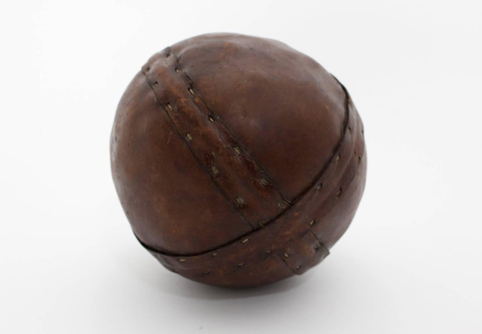 Art Deco Era Vintage Brown Stitched Leather Ball, 1920s For Sale 1