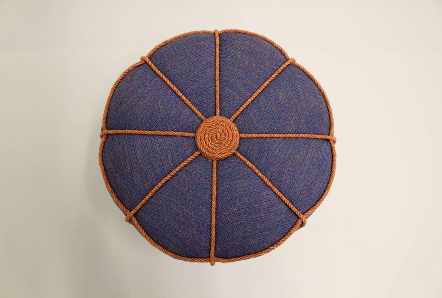 Blue Fabric Beech Art Deco Era Vintage Pouf or Stool Austria, 1930s In Good Condition In Vienna, AT