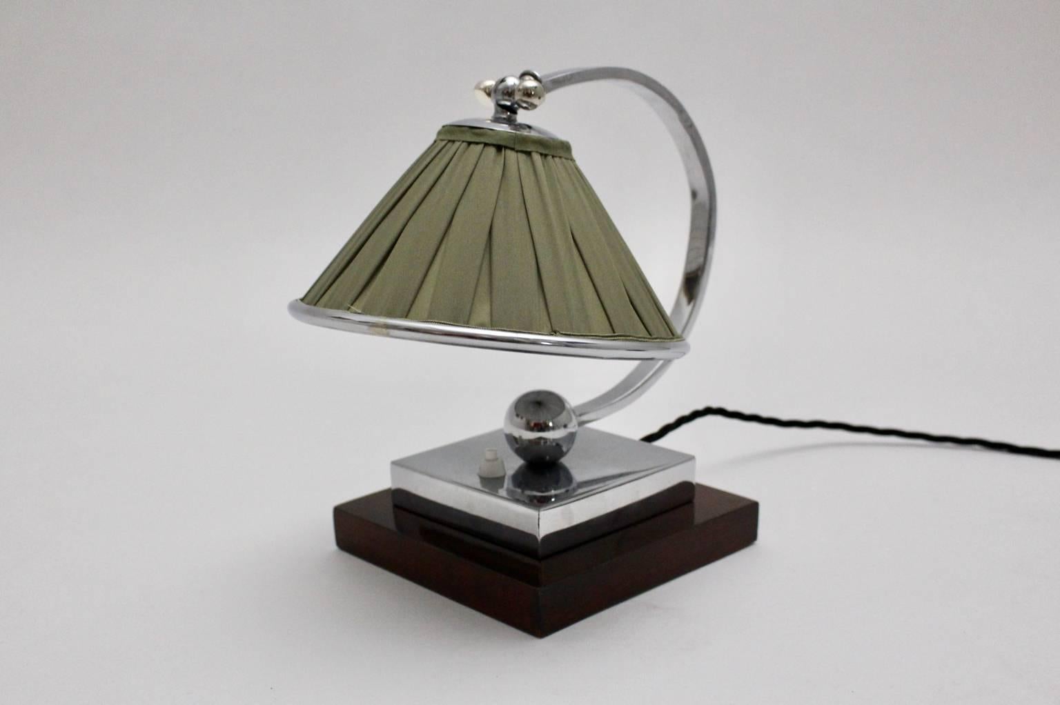 French Art Deco Wood Chromed Metal Green Fabric Vintage Table Lamp, France, 1920s For Sale