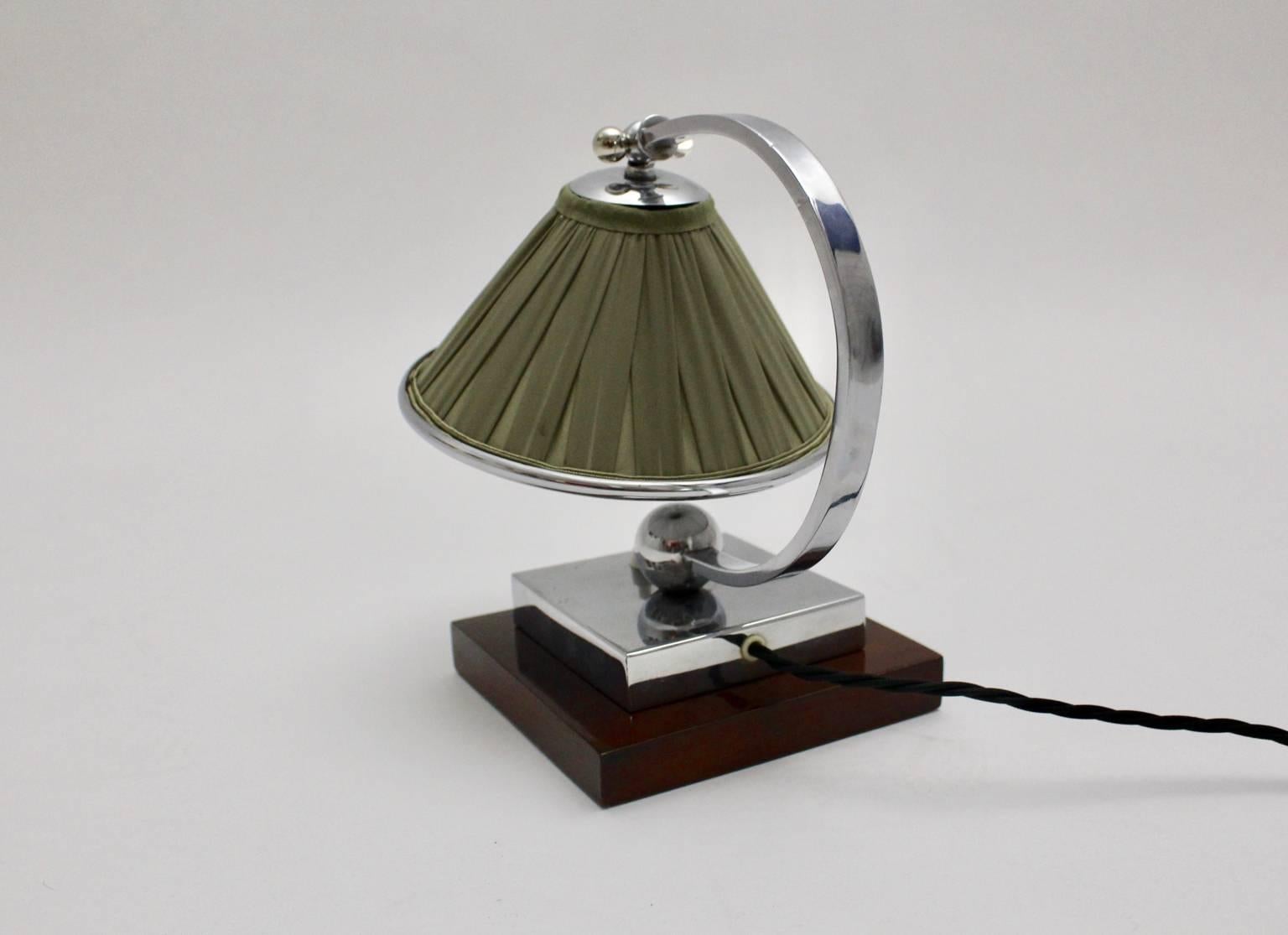 Early 20th Century Art Deco Wood Chromed Metal Green Fabric Vintage Table Lamp, France, 1920s For Sale