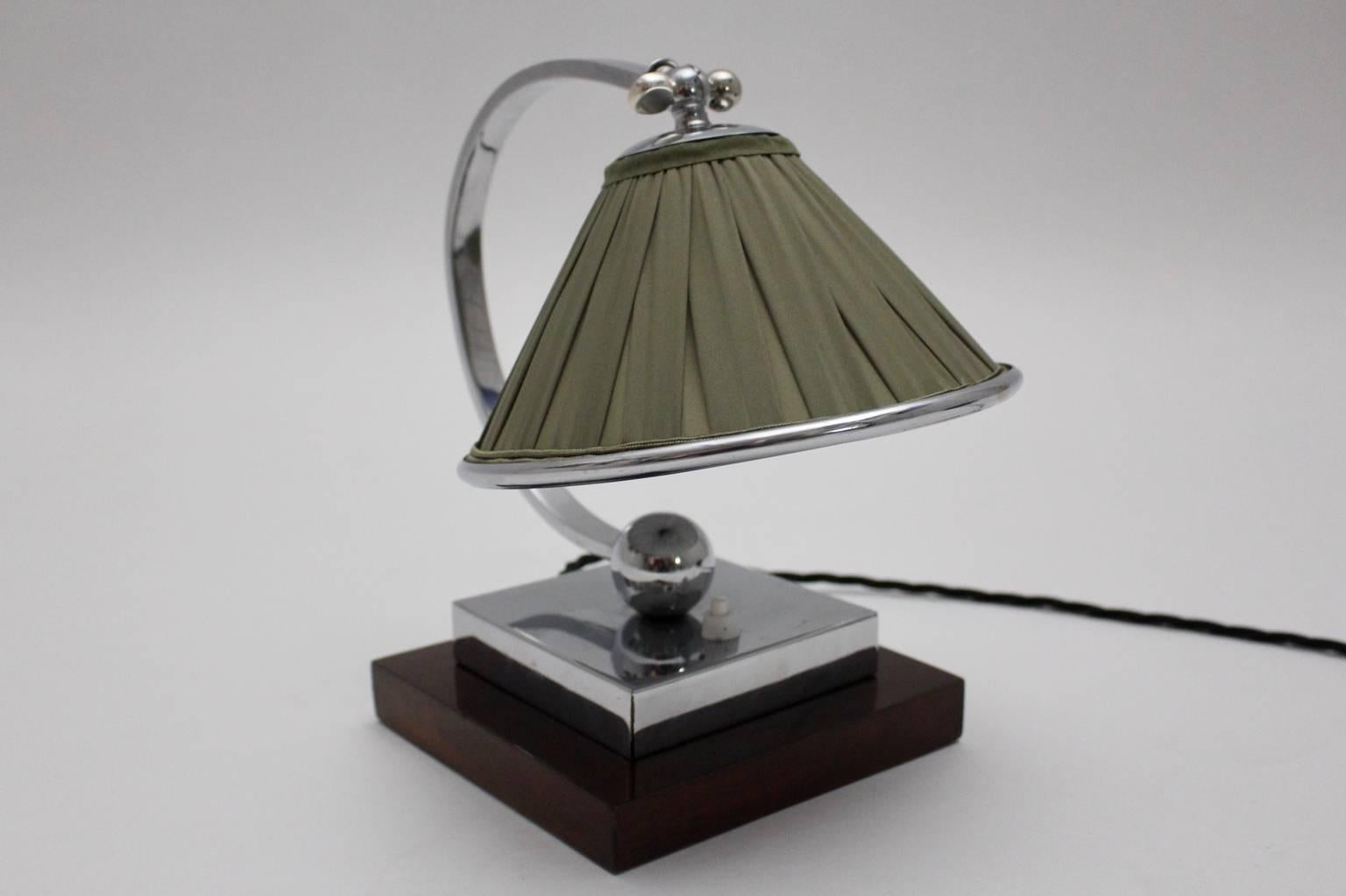 Art Deco Wood Chromed Metal Green Fabric Vintage Table Lamp, France, 1920s For Sale 1
