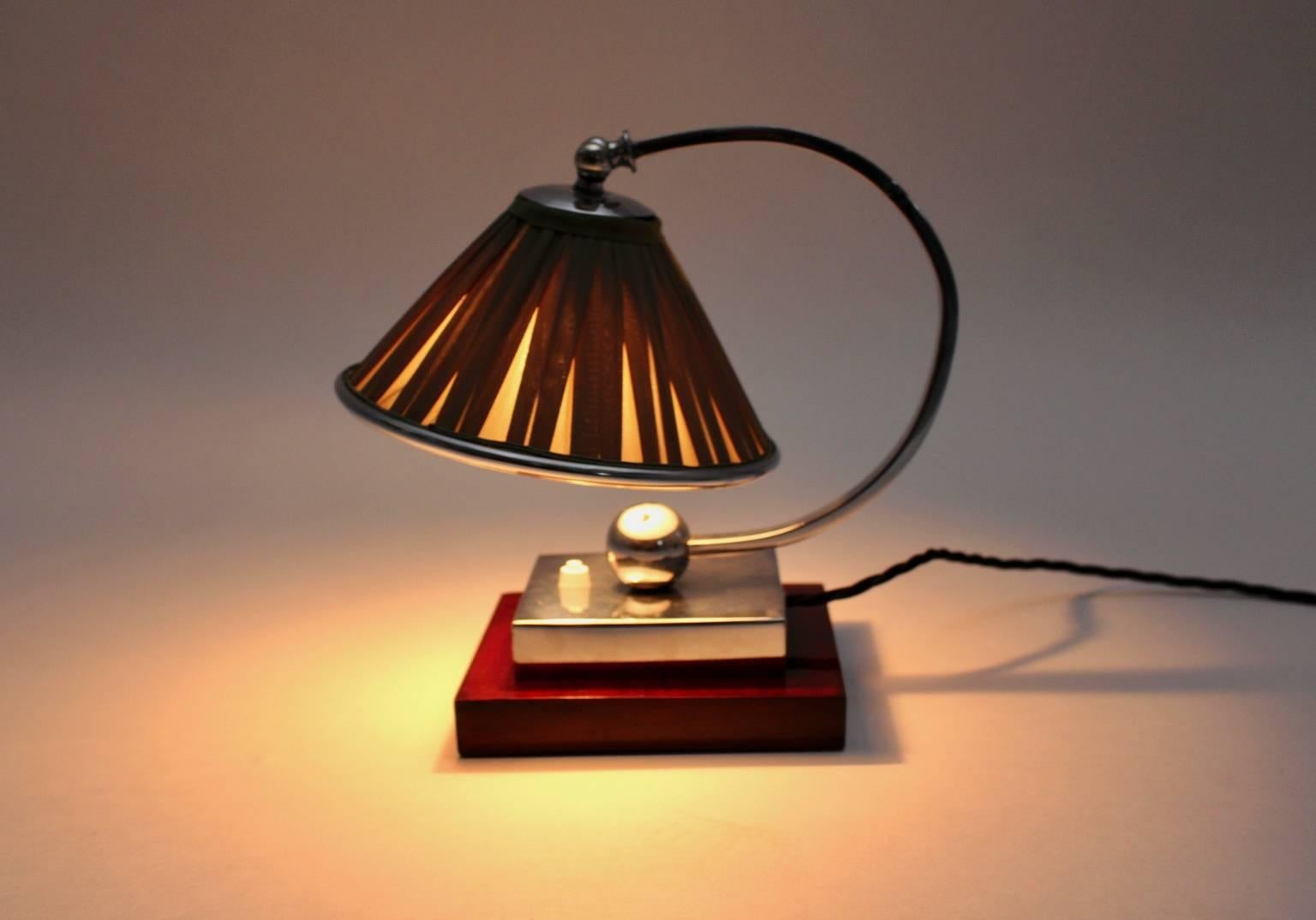 Art Deco Wood Chromed Metal Green Fabric Vintage Table Lamp, France, 1920s For Sale 2