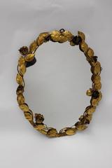 Mid Century Modern Vintage Gold Metal Oval Wall Mirror Flowers Roses 1950 Italy
