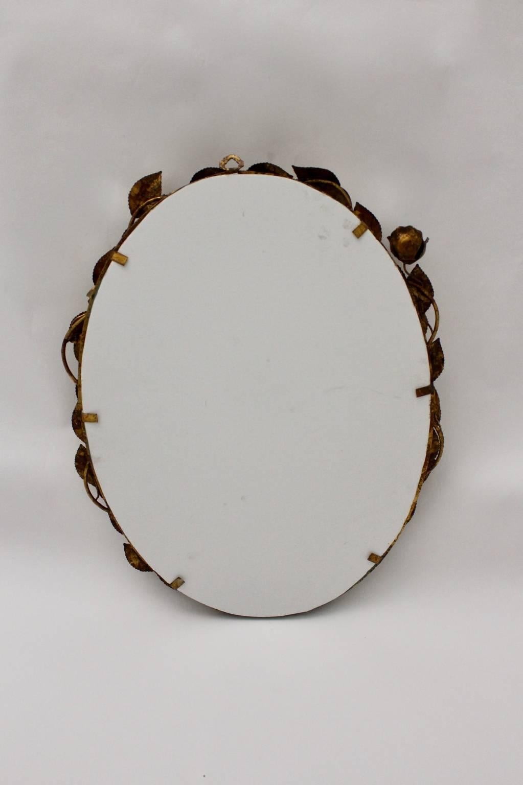  Mid Century Modern Vintage Gold Metal Oval Wall Mirror Flowers Roses 1950 Italy For Sale 1