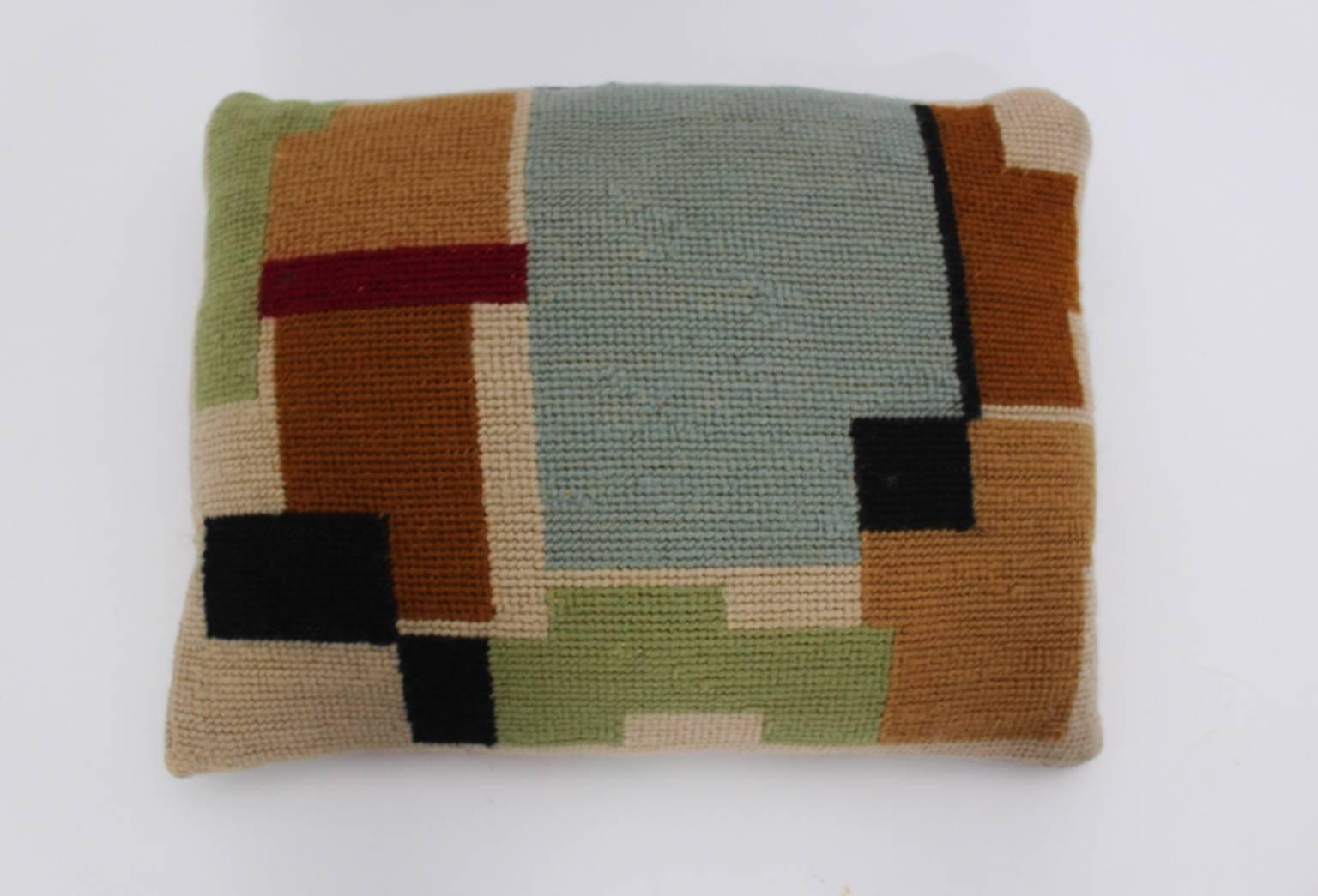 Early 20th Century Bauhaus Style Hand Embroidery Wool Pillow with Geometric Design, 1920s For Sale