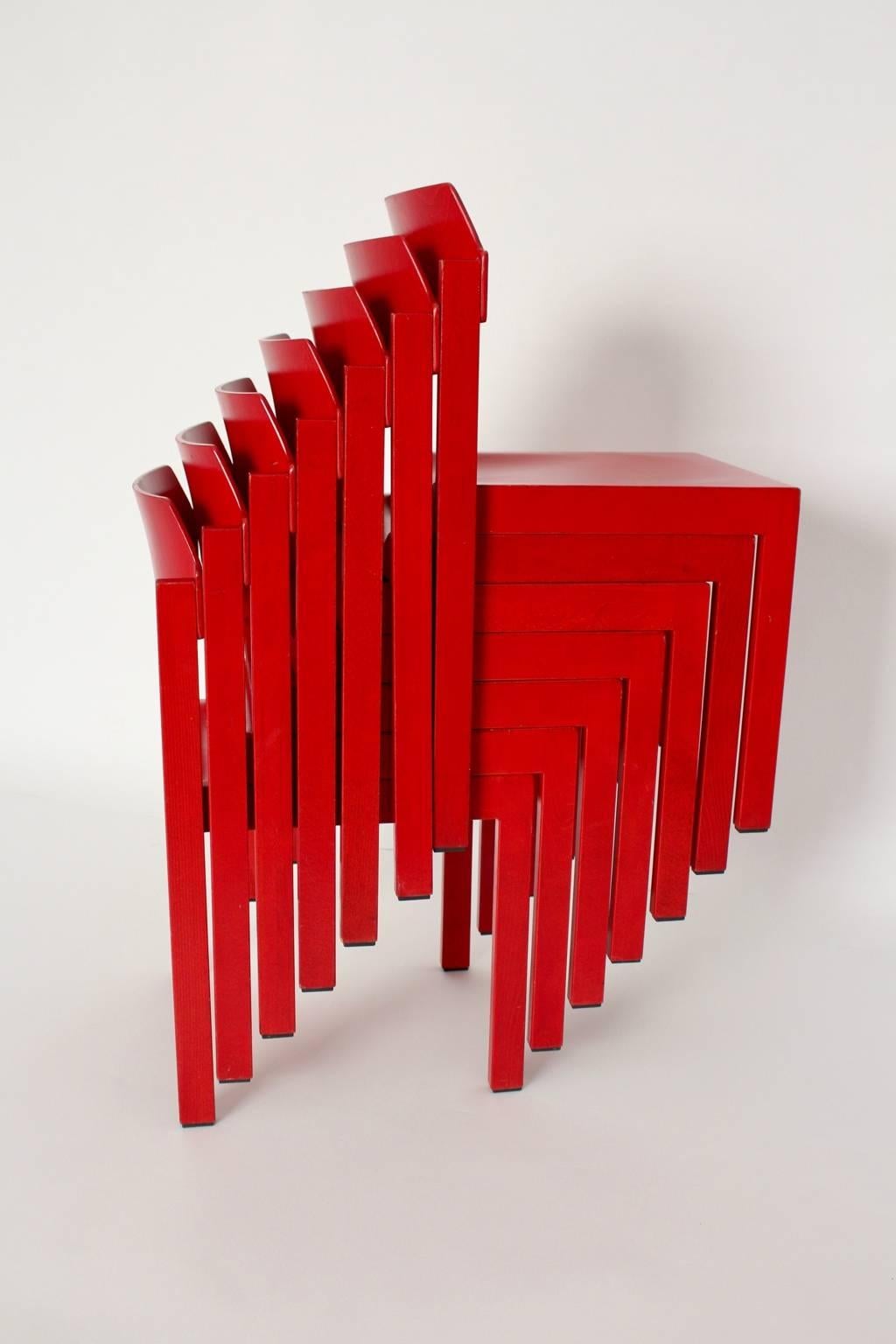 Mid-Century Modern Mid Century Modern Red Vintage Beech Dining Room Chairs Rainer Schell 1960s