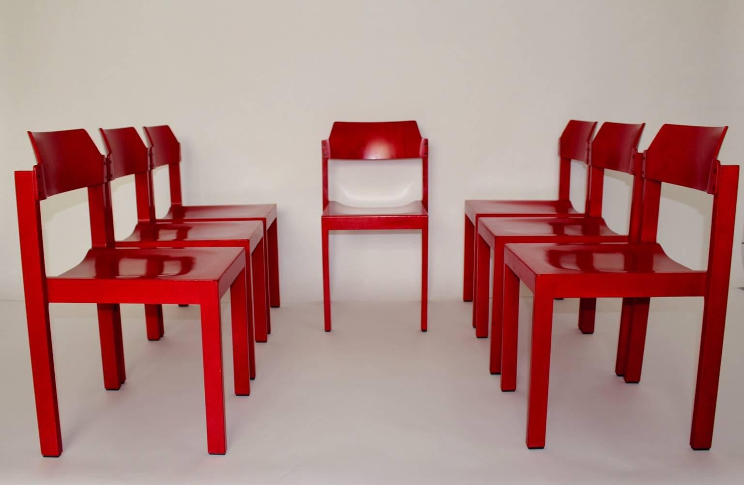 Mid-20th Century Mid Century Modern Red Vintage Beech Dining Room Chairs Rainer Schell 1960s