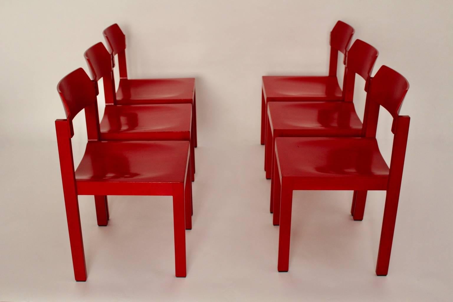 Mid Century Modern Red Vintage Beech Dining Room Chairs Rainer Schell 1960s 1