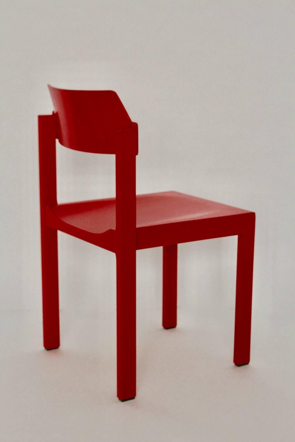 Mid Century Modern Red Vintage Beech Dining Room Chairs Rainer Schell 1960s 3