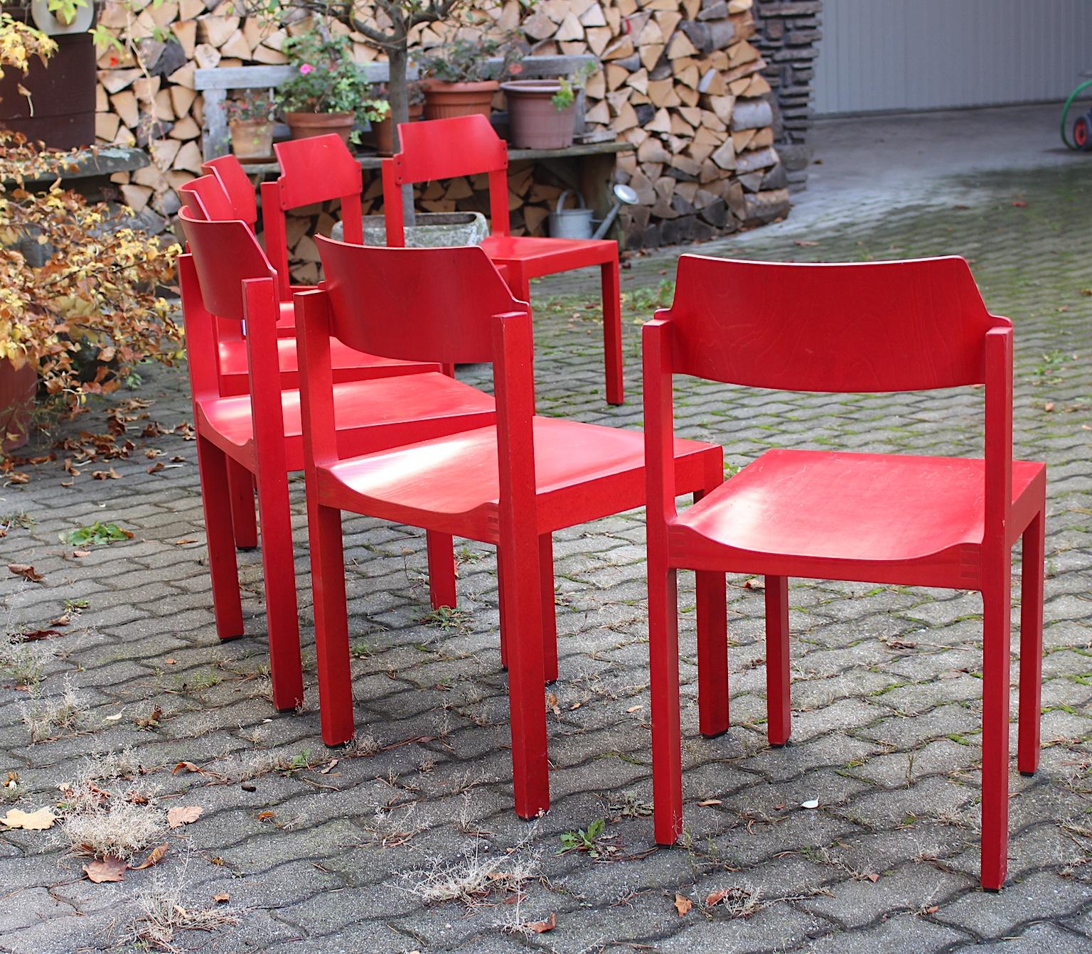 Mid Century Modern Red Vintage Beech Dining Room Chairs Rainer Schell 1960s 6