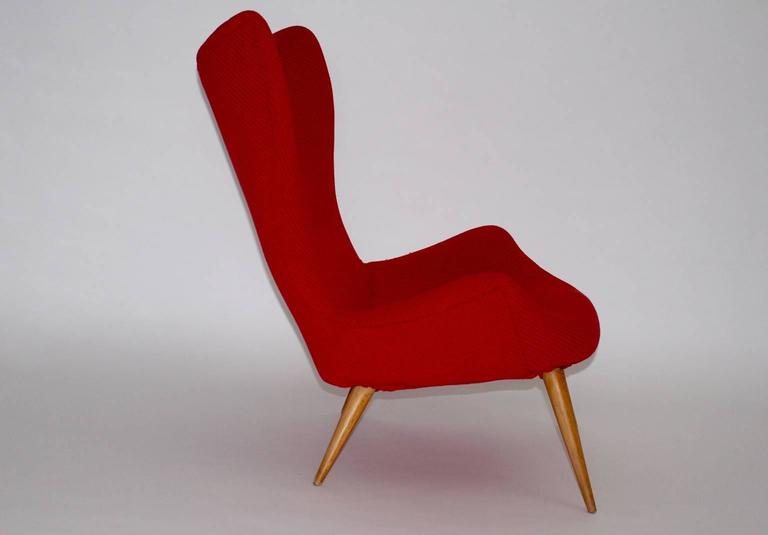 Red MidCentury Modern Lounge Chair Beech 1950s For Sale at 1stDibs
