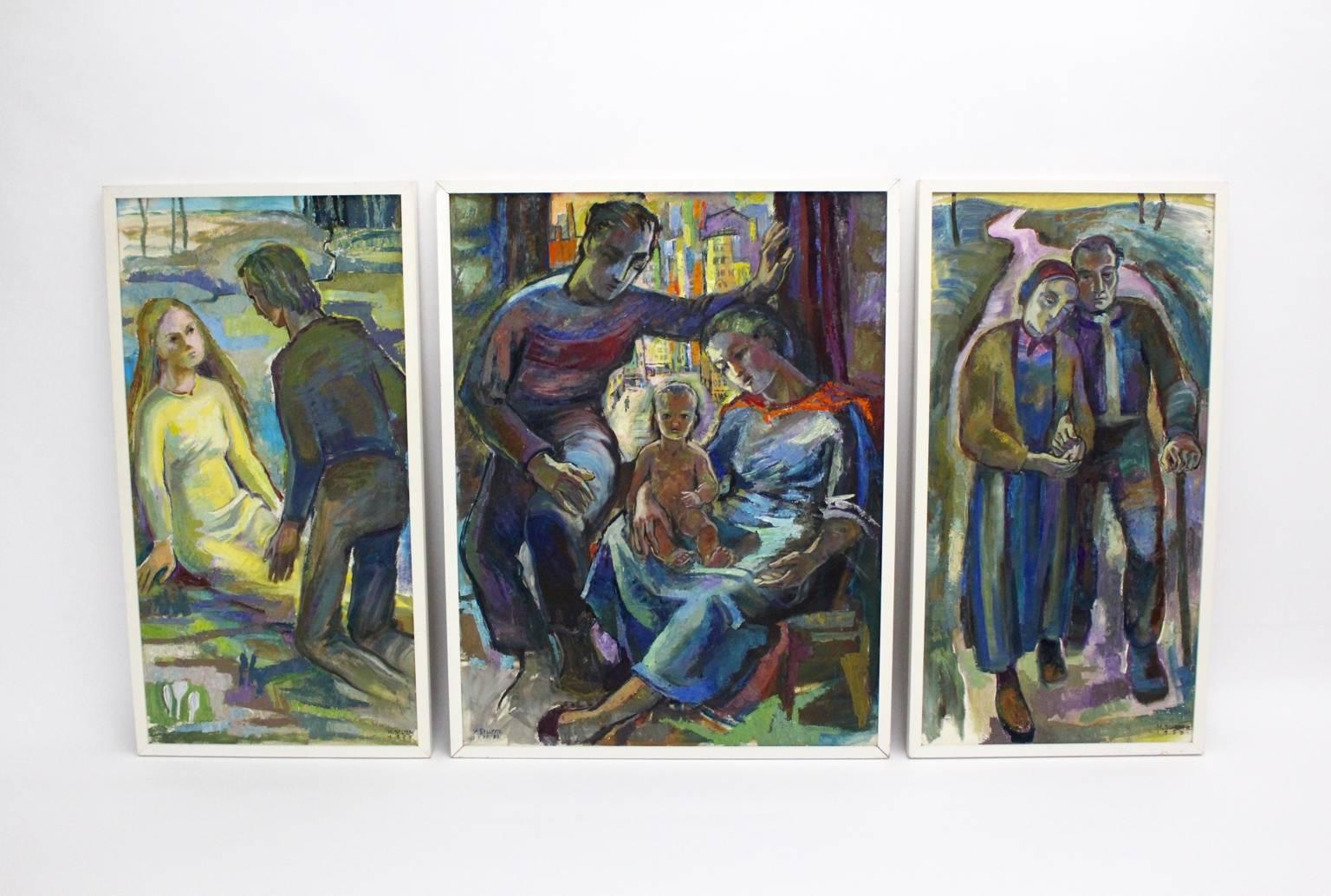 Modern painting in three pieces, Triptychon by Maria Sturm.
Oil on pressboard shows the motif 