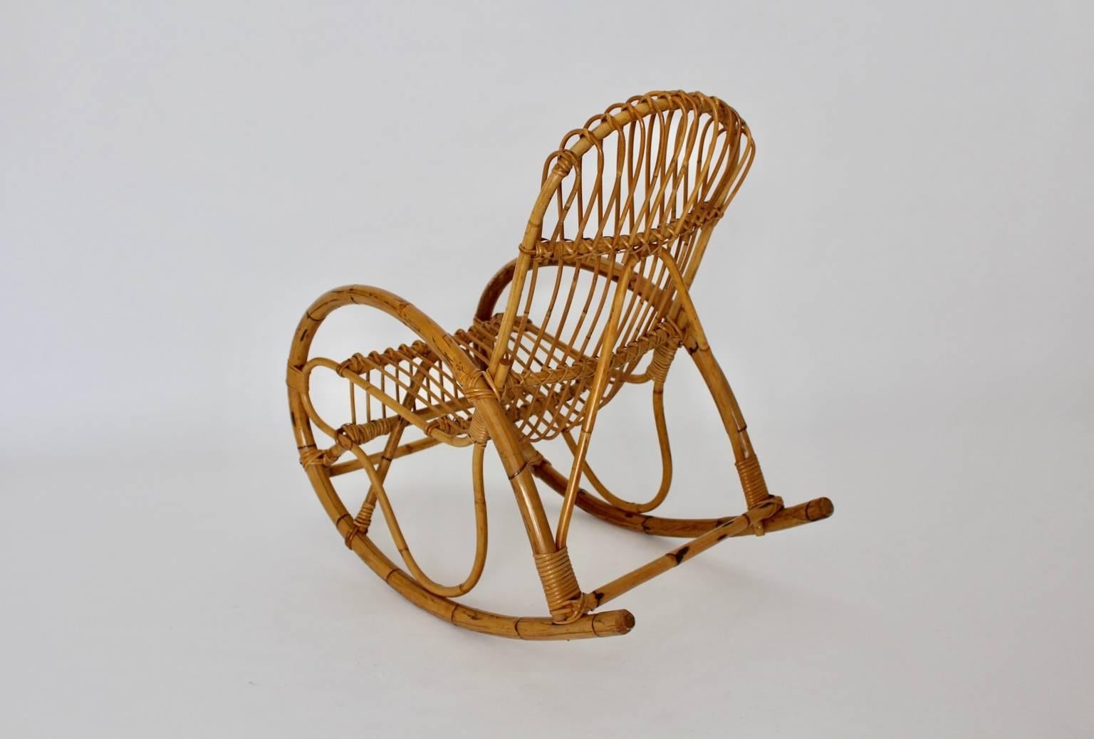 Mid-Century Modern Riviera Style Vintage Organic Rattan Bamboo Rocking Chair, 1960s, Italy For Sale