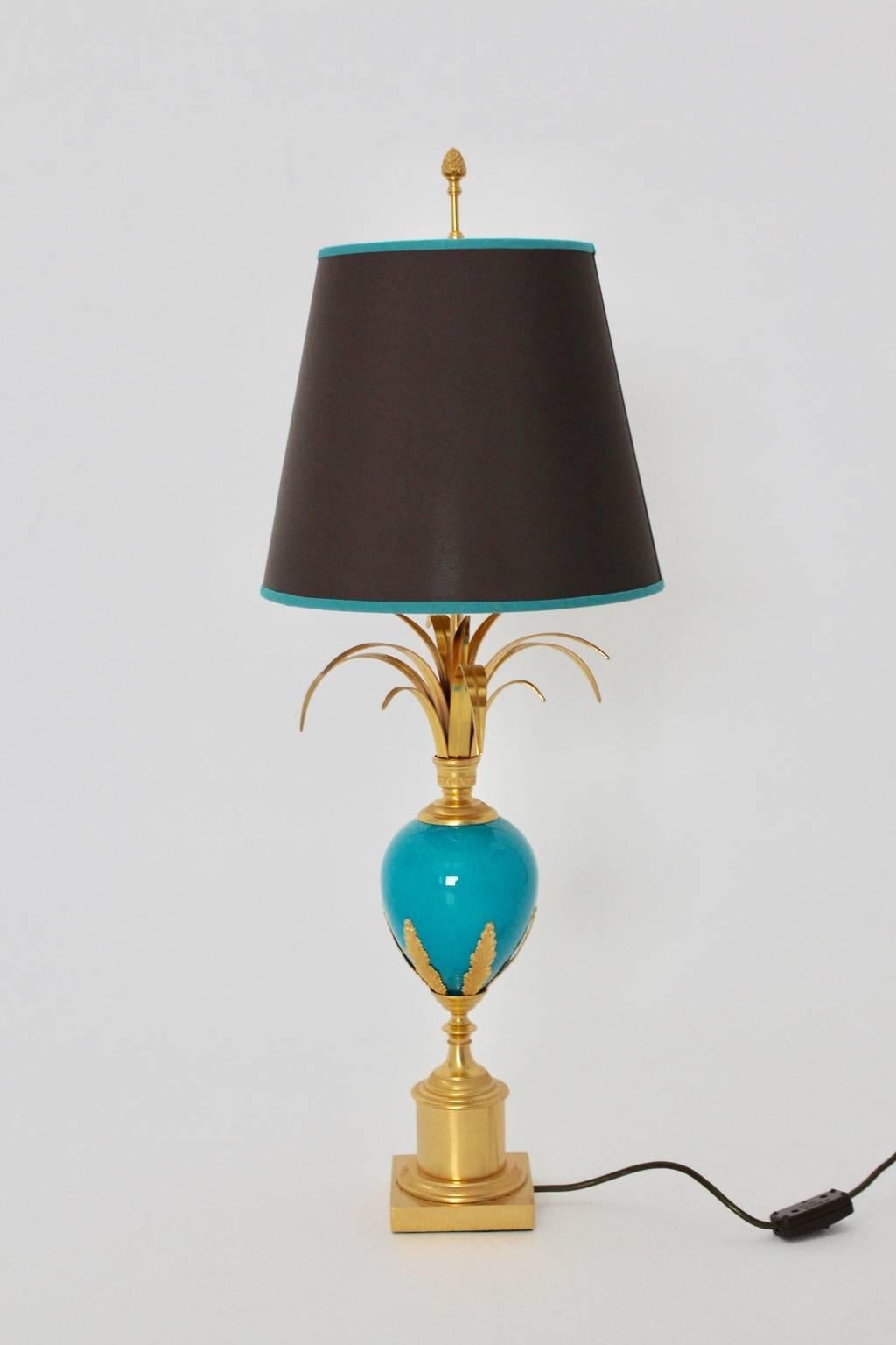 Mid-Century Modern Turquoise Table Lamp in the Style of Maison Charles, France, circa 1970