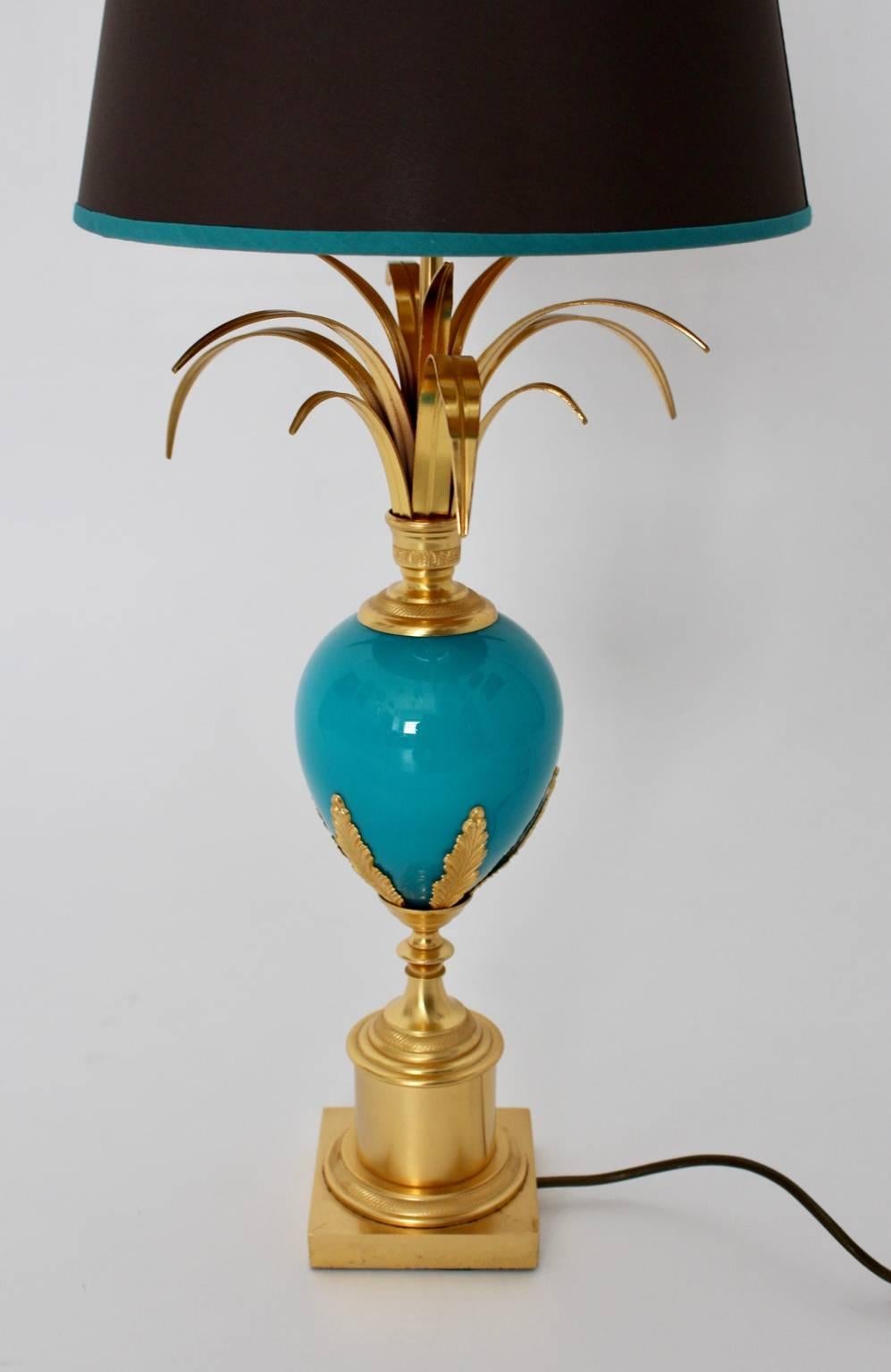 Gilt Turquoise Table Lamp in the Style of Maison Charles, France, circa 1970