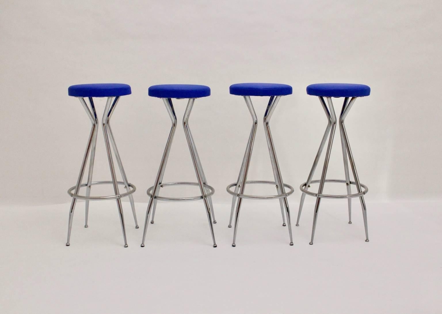 Mid-Century Modern Mid Century Modern Vintage Blue Barstools 1950s Austria Set of Four For Sale