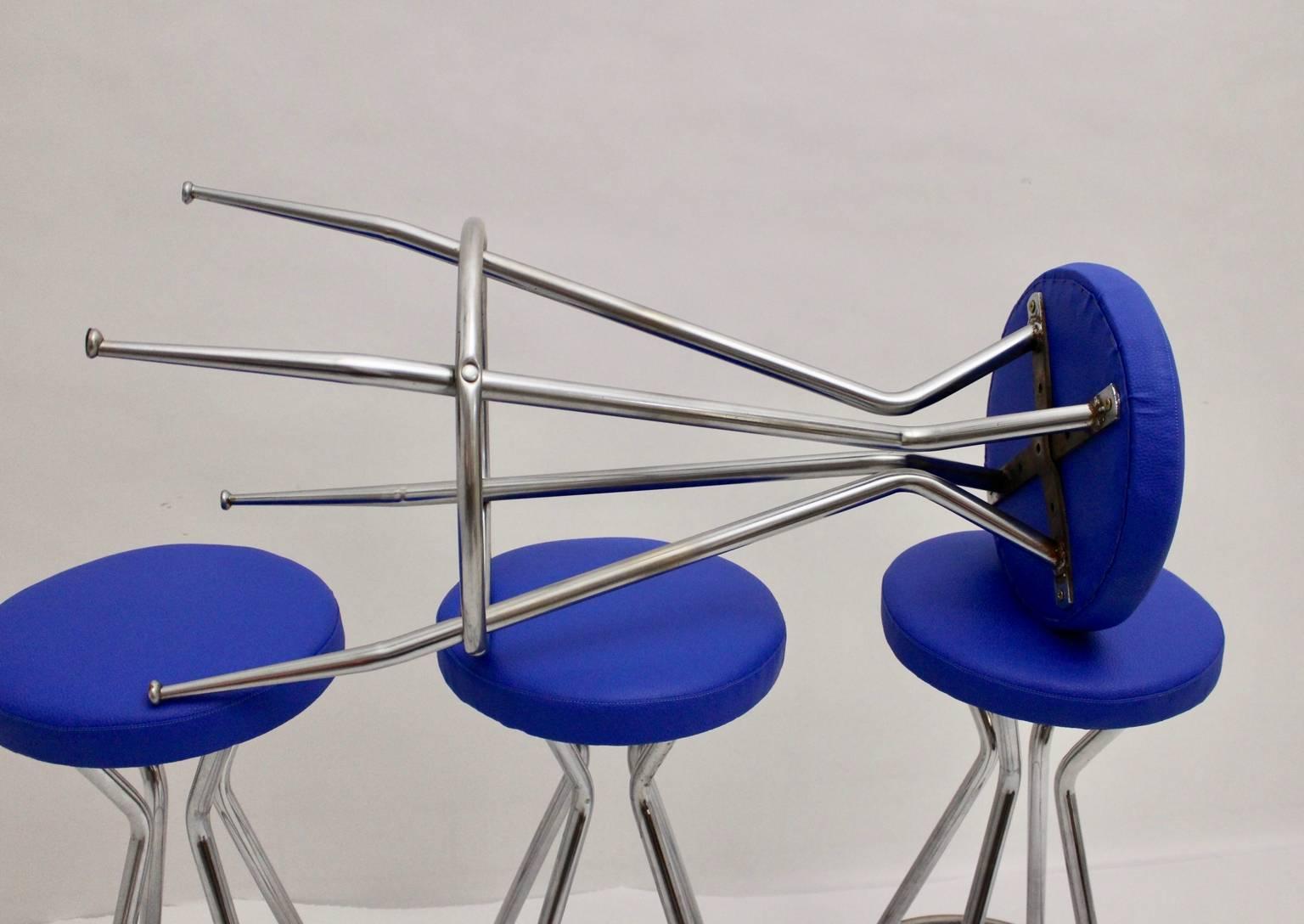 Austrian Mid Century Modern Vintage Blue Barstools 1950s Austria Set of Four For Sale