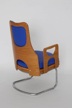 Space Age Electric Blue Vintage Teak Faux Leather Armchair or Lounge Chair 1960s