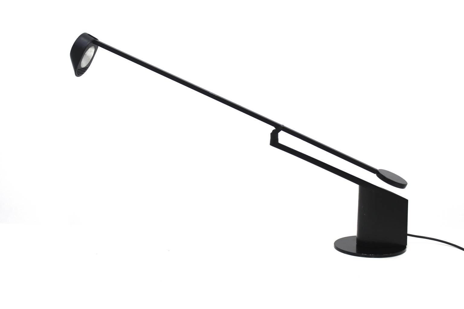 The modernist black vintage desk lamp Mod. No. 4055 was designed by Rodolfo Bonetto 1983 and produced by Sirrah, Imola Italy.
The body from black enameled aluminium.
Also the desk lamp features a swiveling base. The diameter - span has 35.43 in.
The