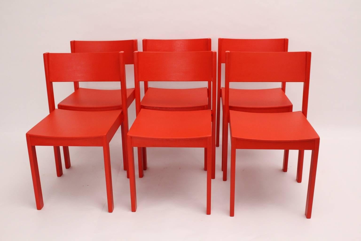 This set of six dining room chairs designed by Carl Auböck, 1956, Vienna and executed by E. & A. Pollack, Vienna.
They are made of solid beechwood and plywood. These original very rare Carl Auböck Dining Room Chairs from the year 1956 are newly red