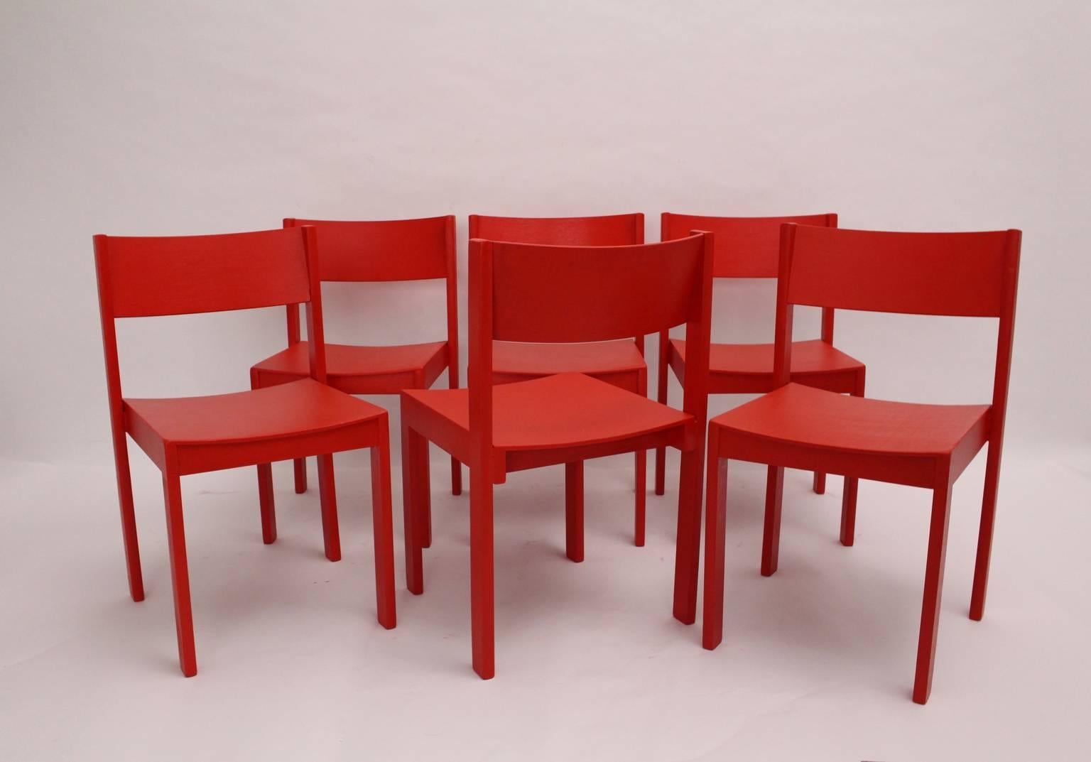 Mid-Century Modern Red Carl Auböck Dining Room Chairs, 1956, Vienna Set of Six (Österreichisch)