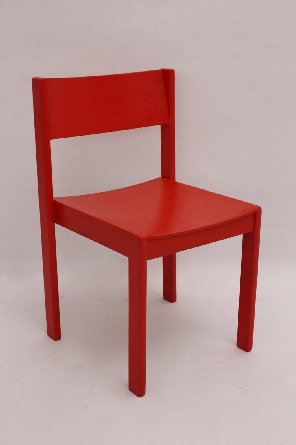 Beech Mid-Century Modern Red Carl Auböck Dining Room Chairs, 1956, Vienna Set of Six