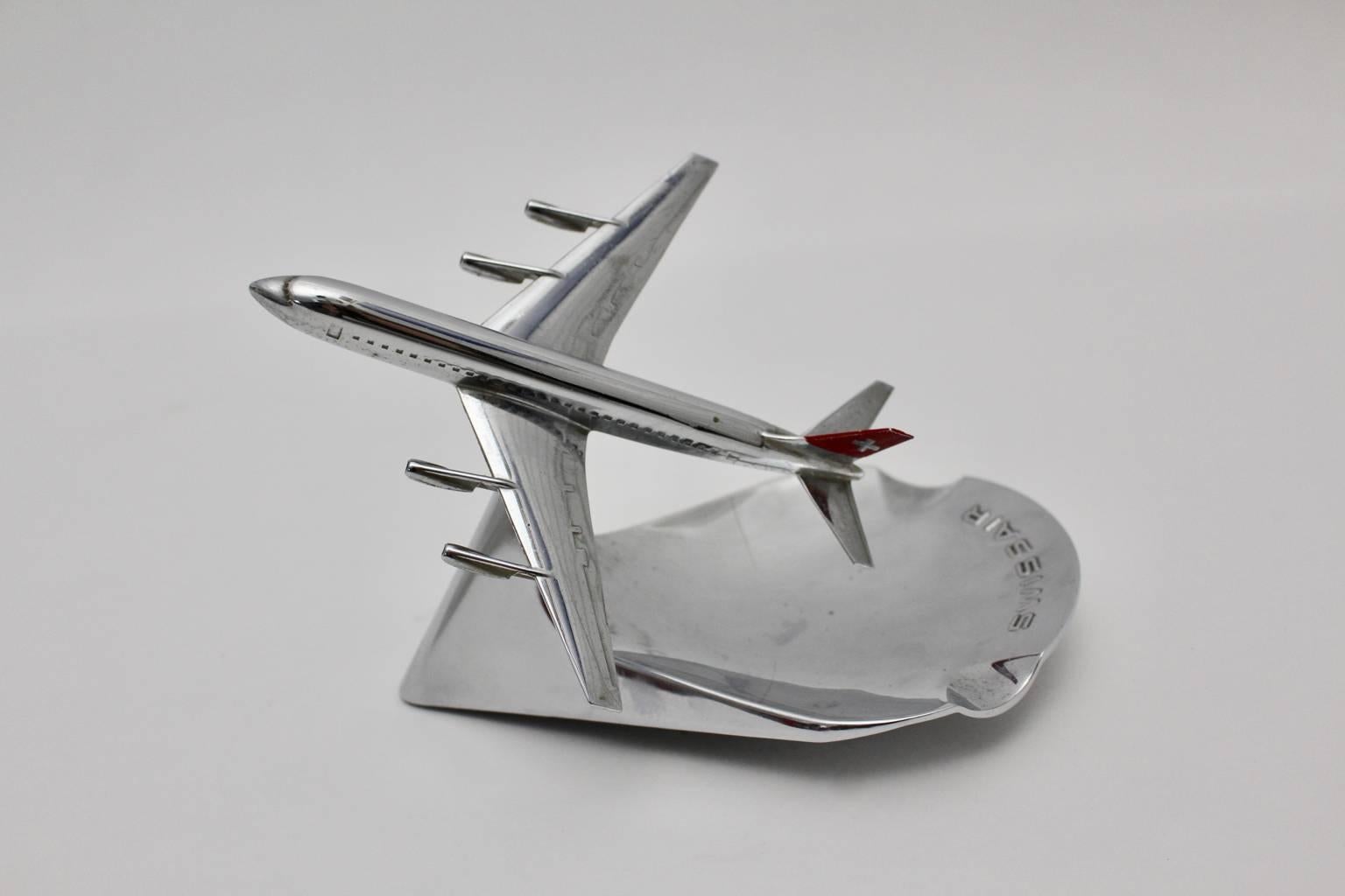 Mid-20th Century Mid Century Modern Chromed Ashtray Swissair Airplane Model, circa 1960