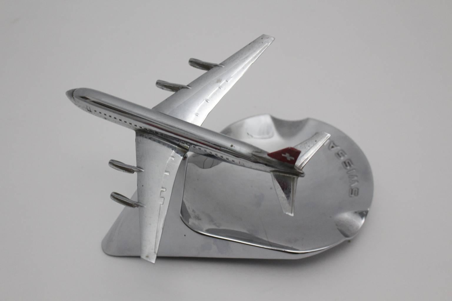 Metal Mid Century Modern Chromed Ashtray Swissair Airplane Model, circa 1960