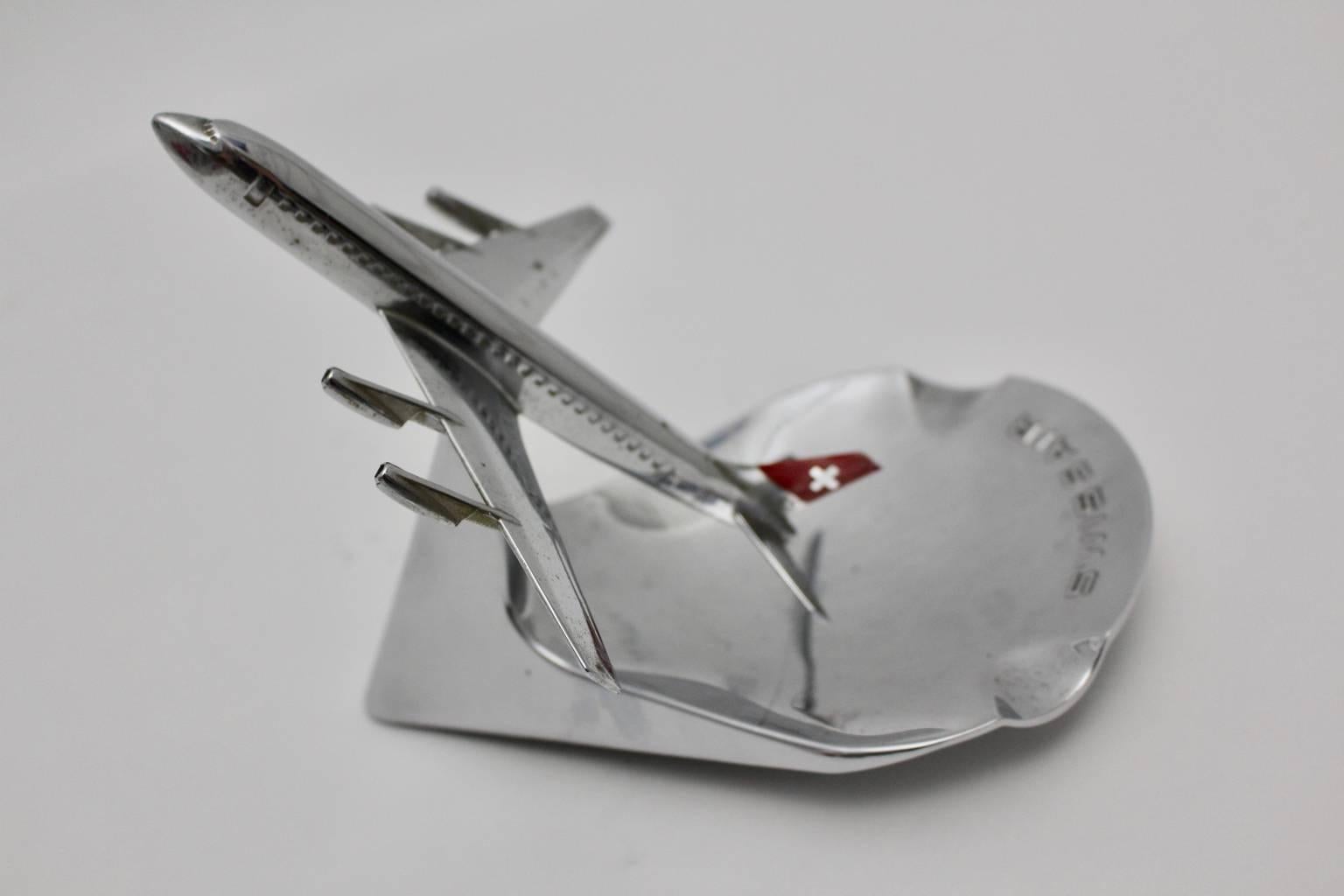 Mid Century Modern Chromed Ashtray Swissair Airplane Model, circa 1960 1