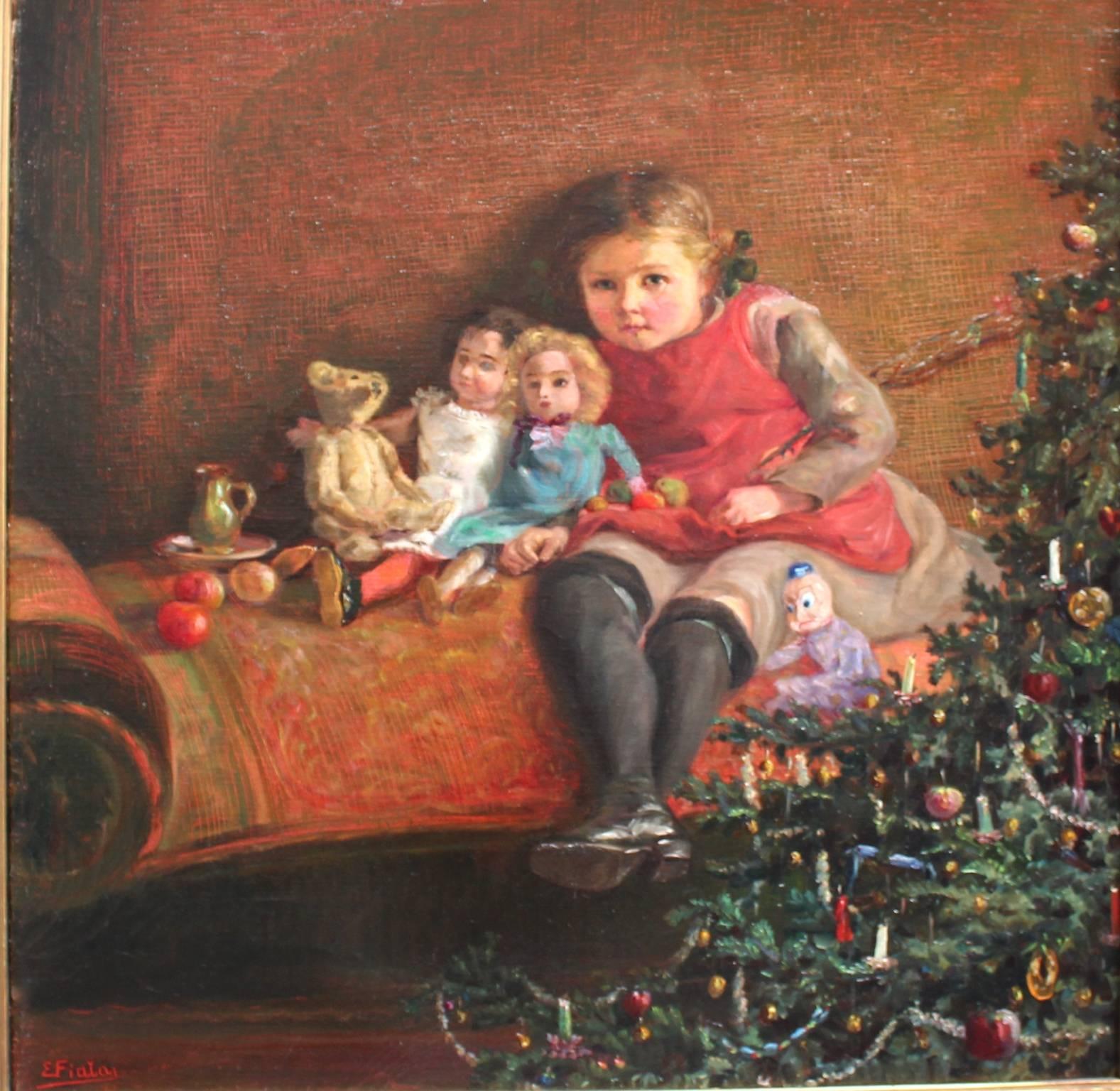 The motif shows the daughter of the artist named Renerl with her dolls sitting under the Christmas tree.
At the corner the christmas tree was been decorated with littles candles and sweatmeat.
Oil on canvas
The artist Emil Fiala (1869 Moravia-1960