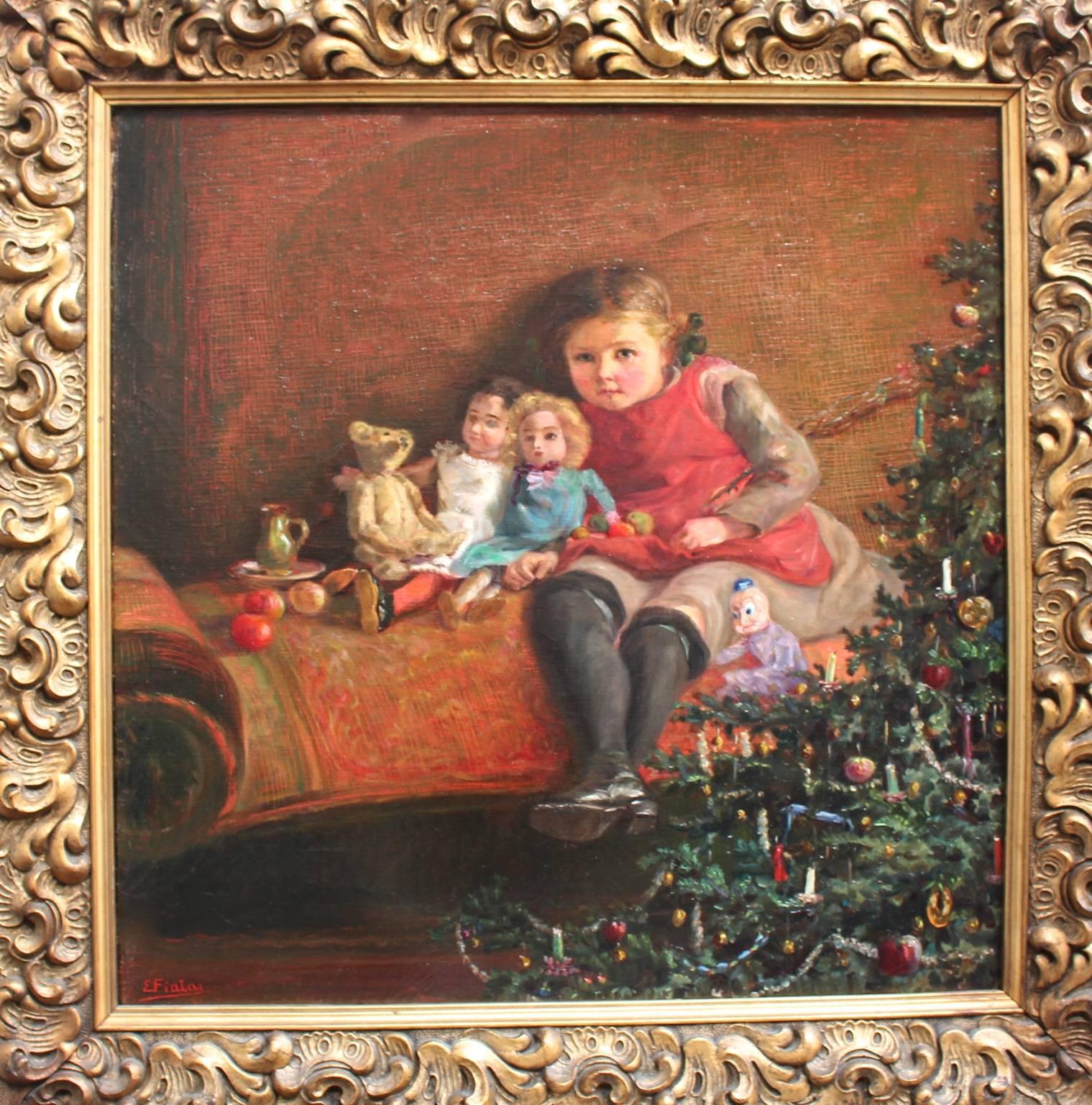 Austrian Art Deco Era Painting Dolls are Sitting under the Christmas Tree 1925 Vienna