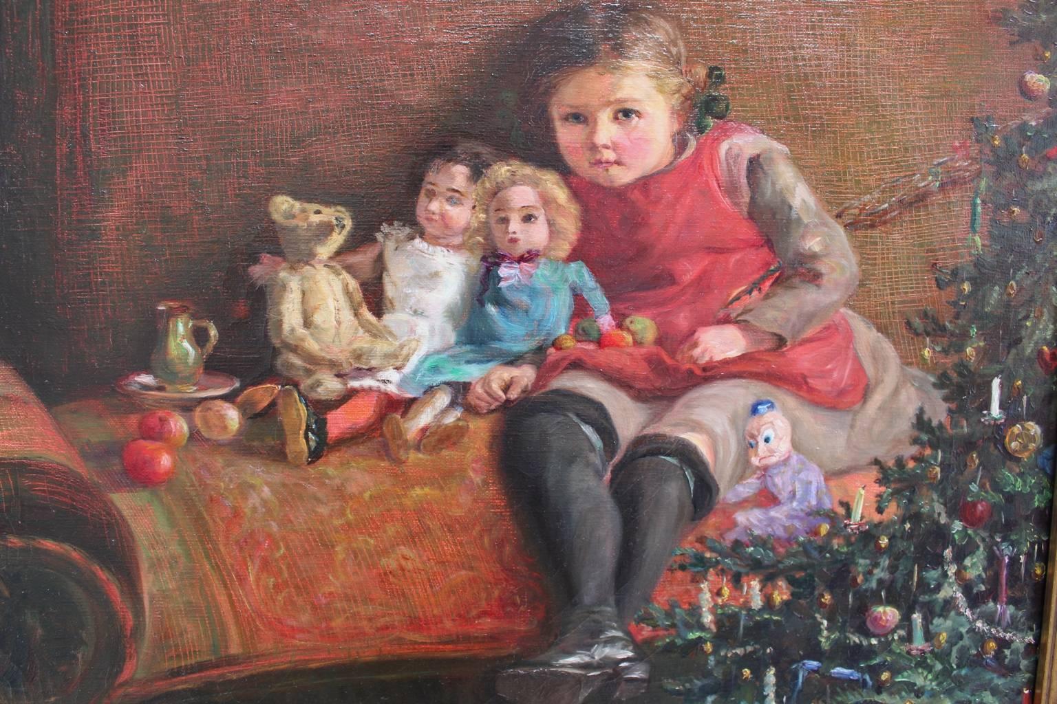 Early 20th Century Art Deco Era Painting Dolls are Sitting under the Christmas Tree 1925 Vienna