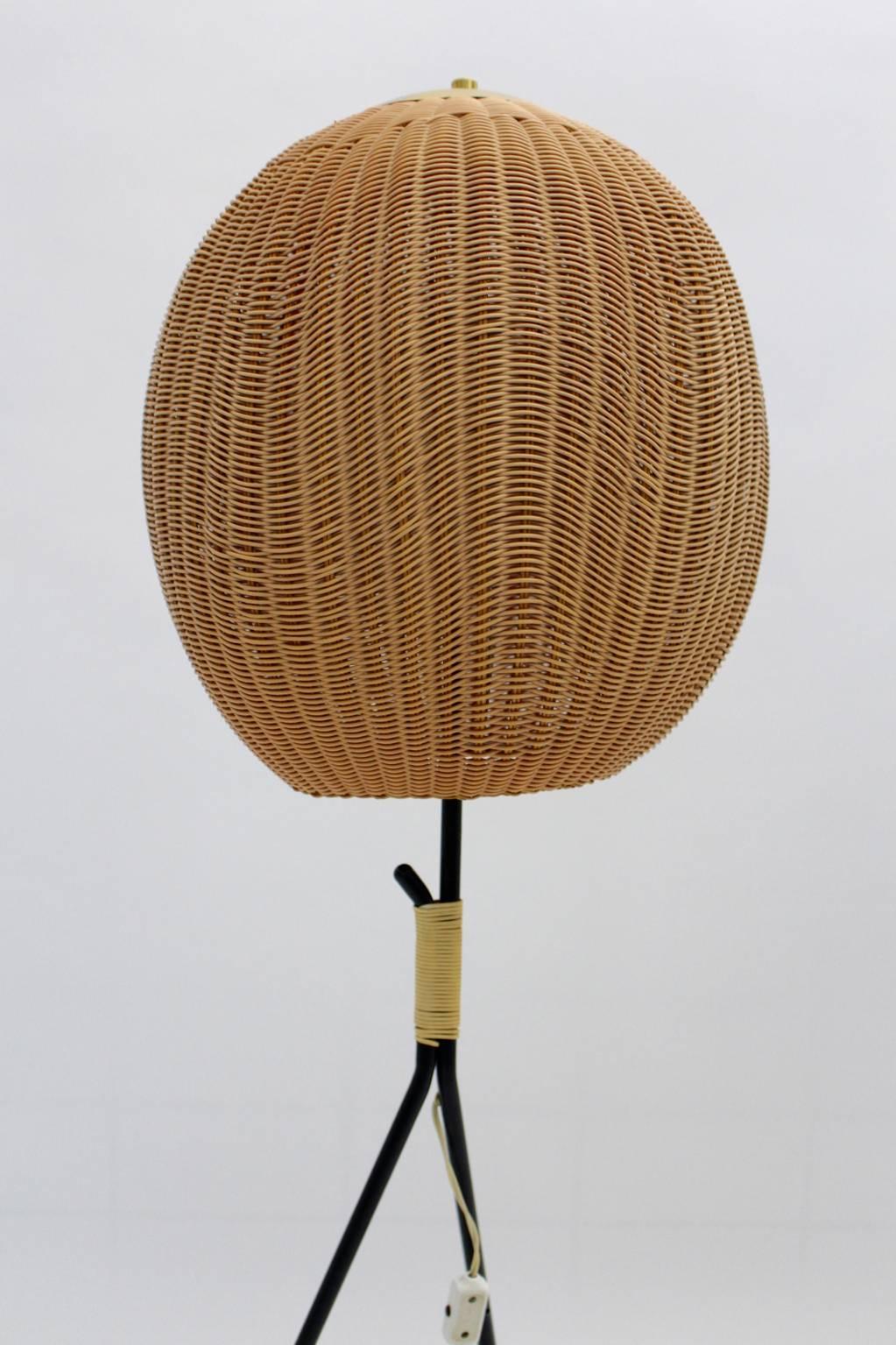 Austrian Mid Century Modern Vintage Organic Metal Rattan Floor Lamp, 1960, Austria For Sale