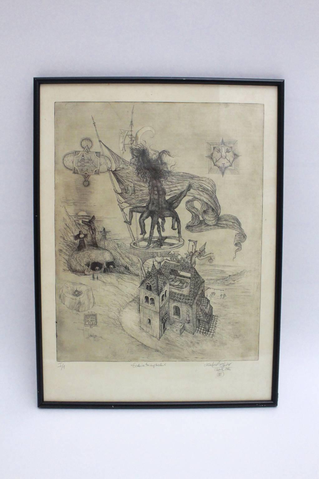 This etching named Ecclesia triumphalis was created by Manfred Ebster, April 1966, Austria.
The artist was born in Frastanz Vorarlberg, Austria, 1941.
Manfred Ebster had many exhibitions around the world.
The etching is signed and dated - April