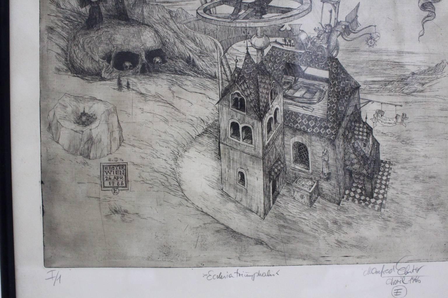 Austrian Black and White Surrealistic Etching by Manfred Ebster, Austria, 1966 For Sale