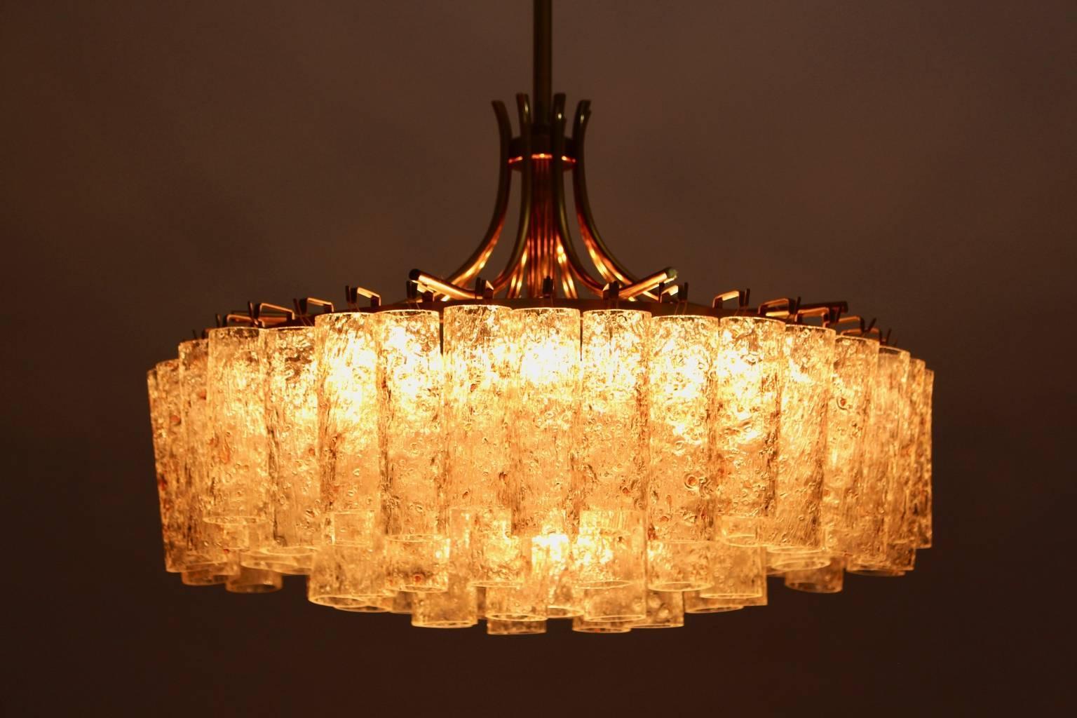 Mid Century Modern Vintage Brass Glass Chandelier by Doria Germany, 1970s In Good Condition For Sale In Vienna, AT