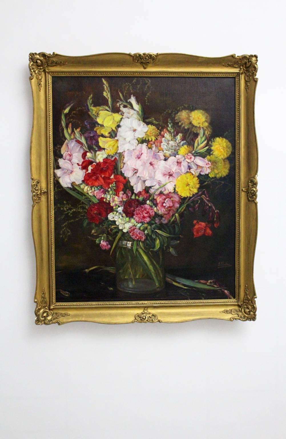 Oil on canvas painting by Emil Fiala (1869-1960) with the motif Gladioli in a glass vase.
Signed by Emil Fiala
Prof. Emil Fiala had many exhibitions and the membership of the Künstlerbund ( formerly Hagenbund ).
This painting is set in a golden
