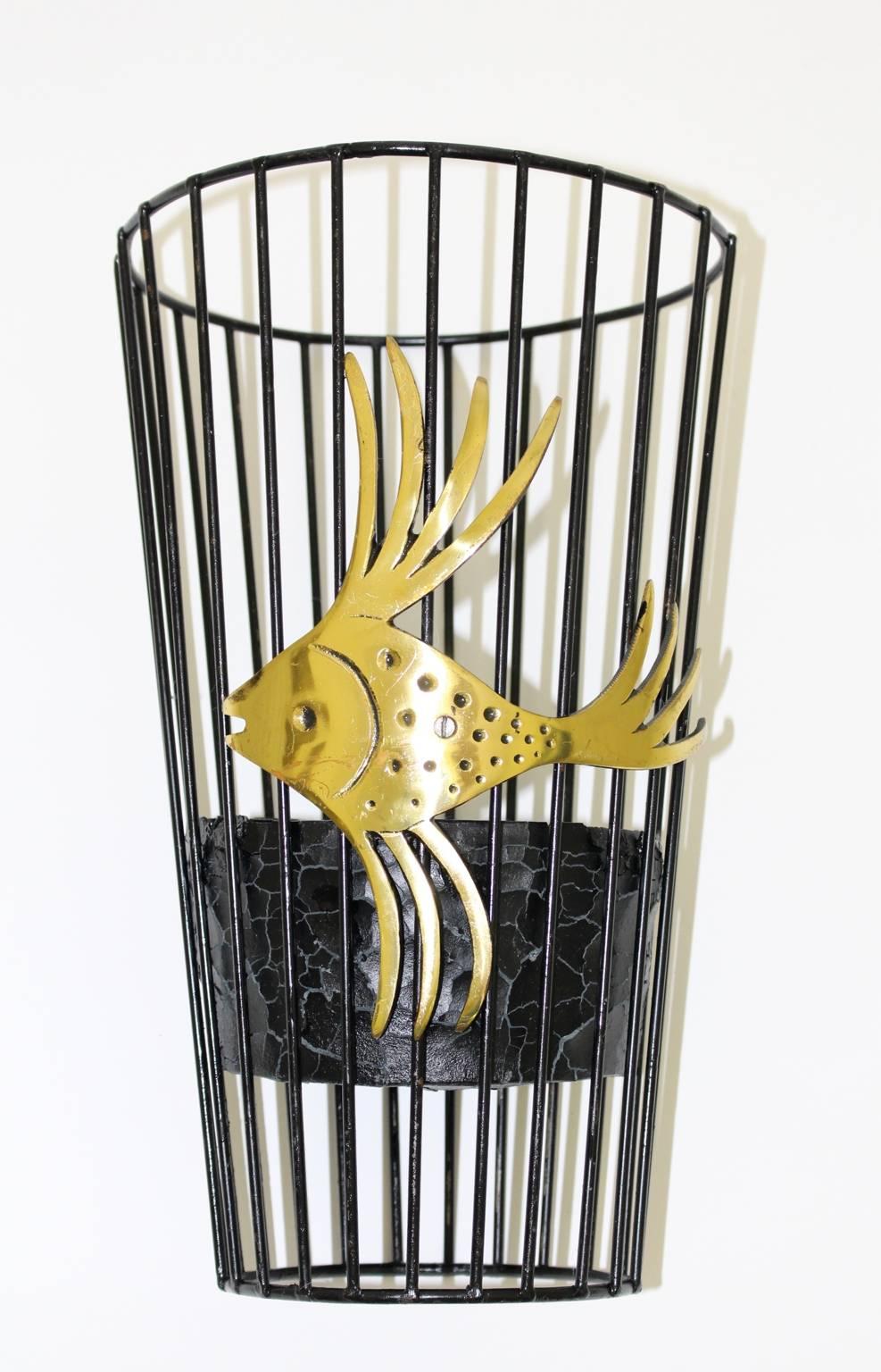 Mid Century Modern Black Metal Brass Umbrella Stand Cane Holder Austria, 1960s (Moderne der Mitte des Jahrhunderts) im Angebot