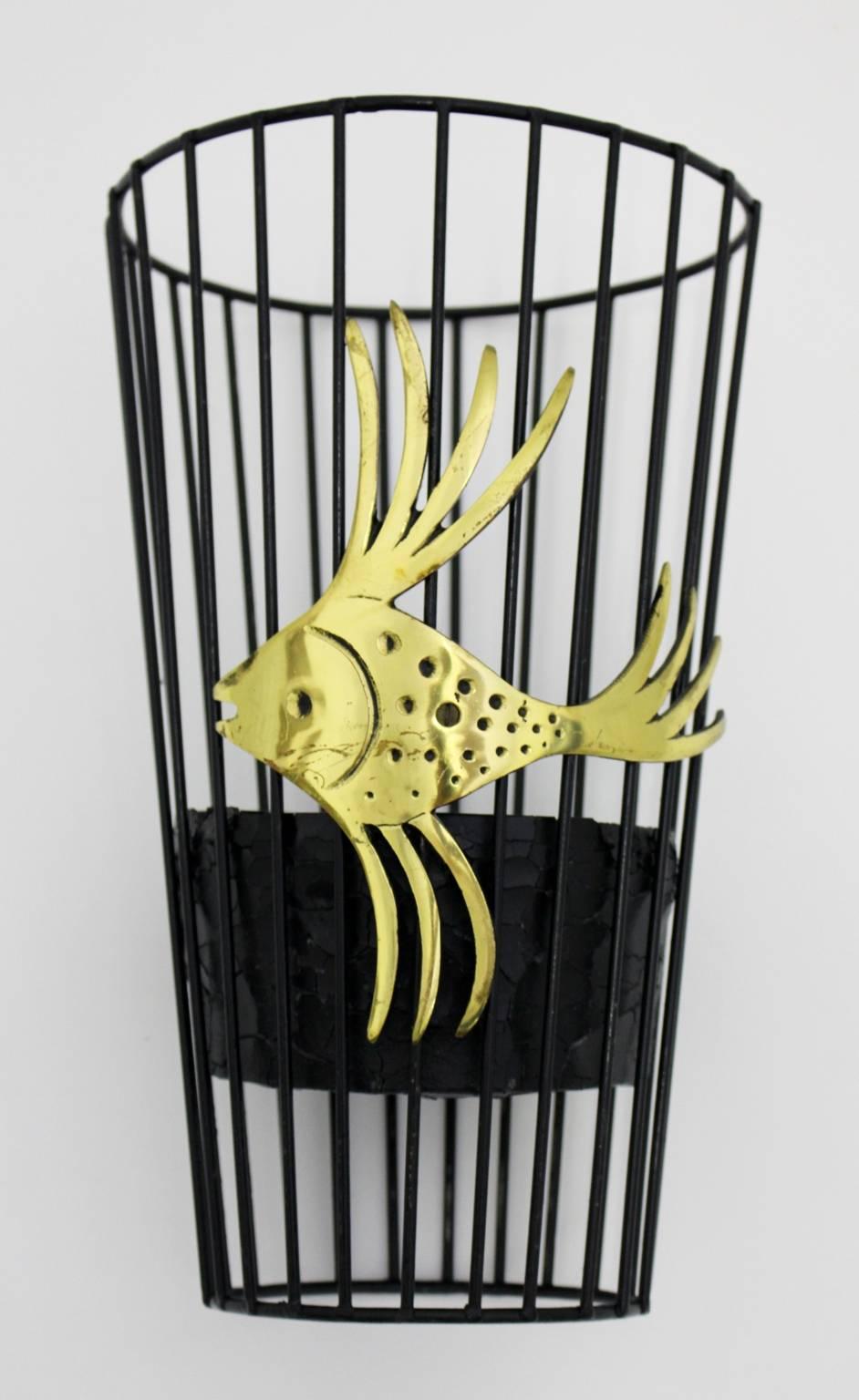 Mid Century Modern Black Metal Brass Umbrella Stand Cane Holder Austria, 1960s (Österreichisch) im Angebot