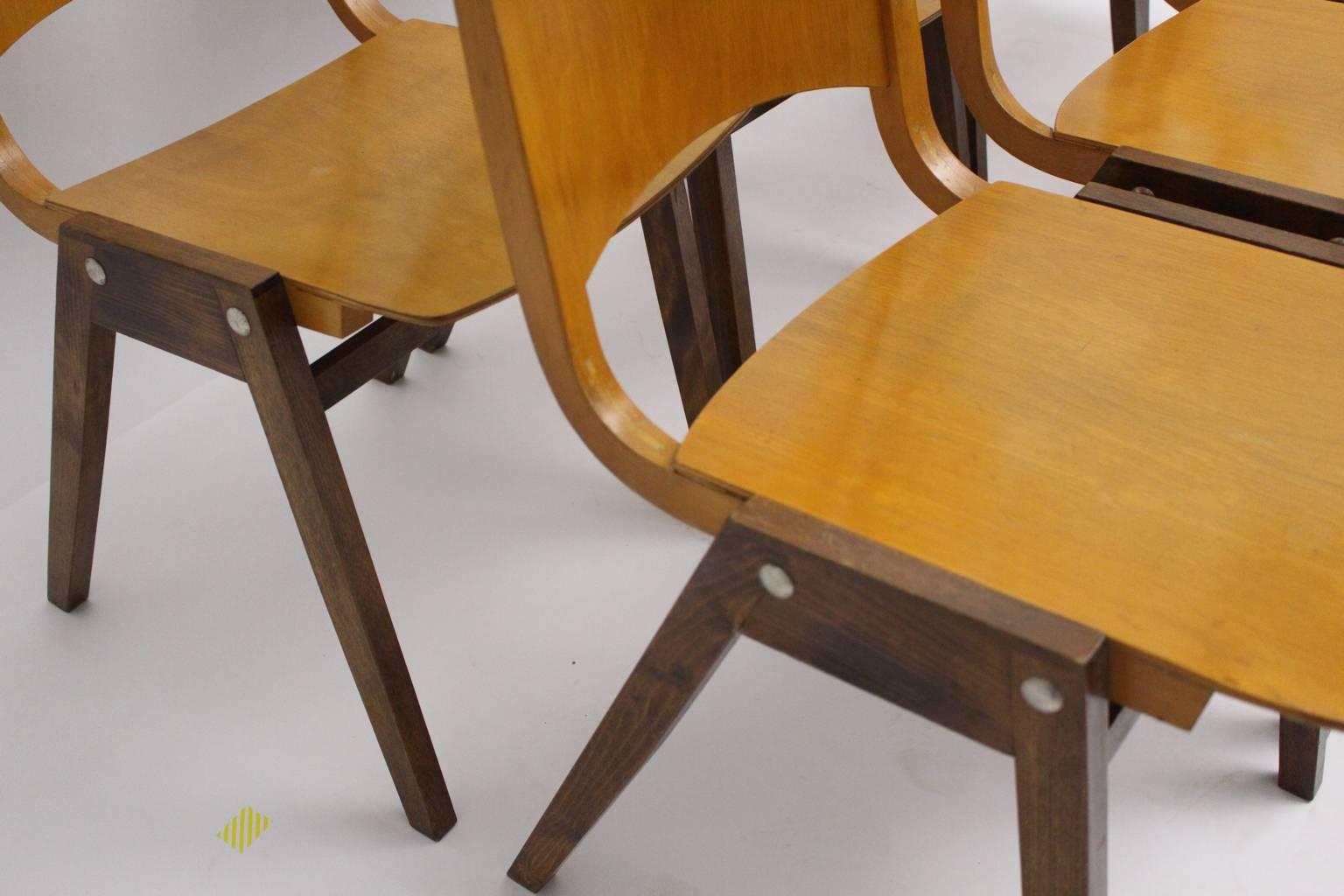 Beech Mid Century Modern Vintage Chairs P7  by Roland Rainer Austria, 1952 Set of Six For Sale