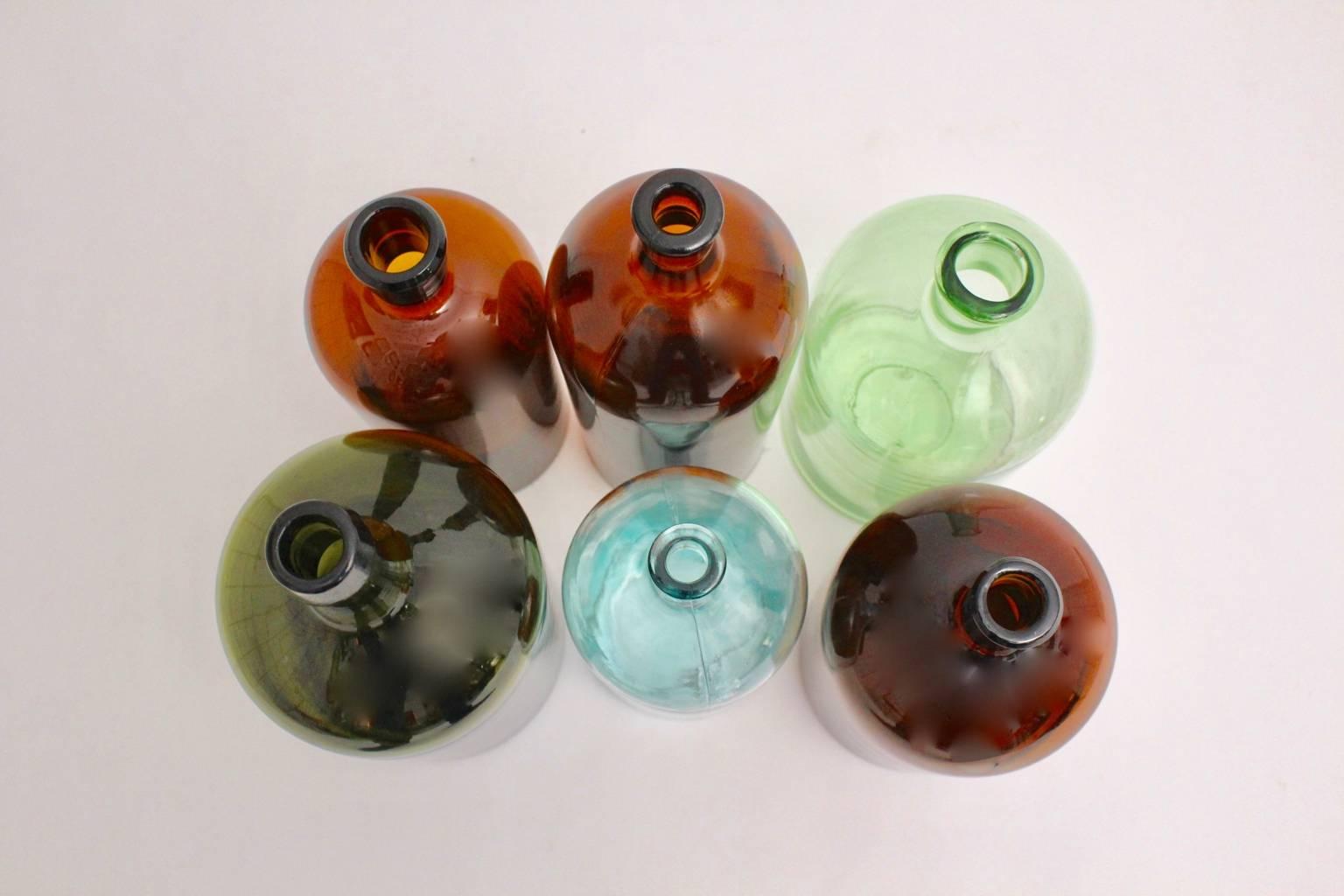 Art Deco Era Vintage Glass Bottles Demijohn 1920s Austria Set of Six In Good Condition In Vienna, AT