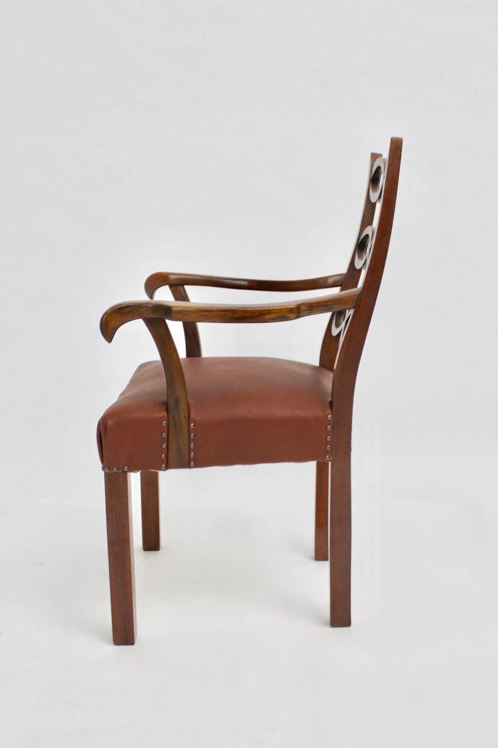 Leather Art Deco Era Vintage Walnut Armchair by Hugo Gorge Vienna, circa 1925 For Sale